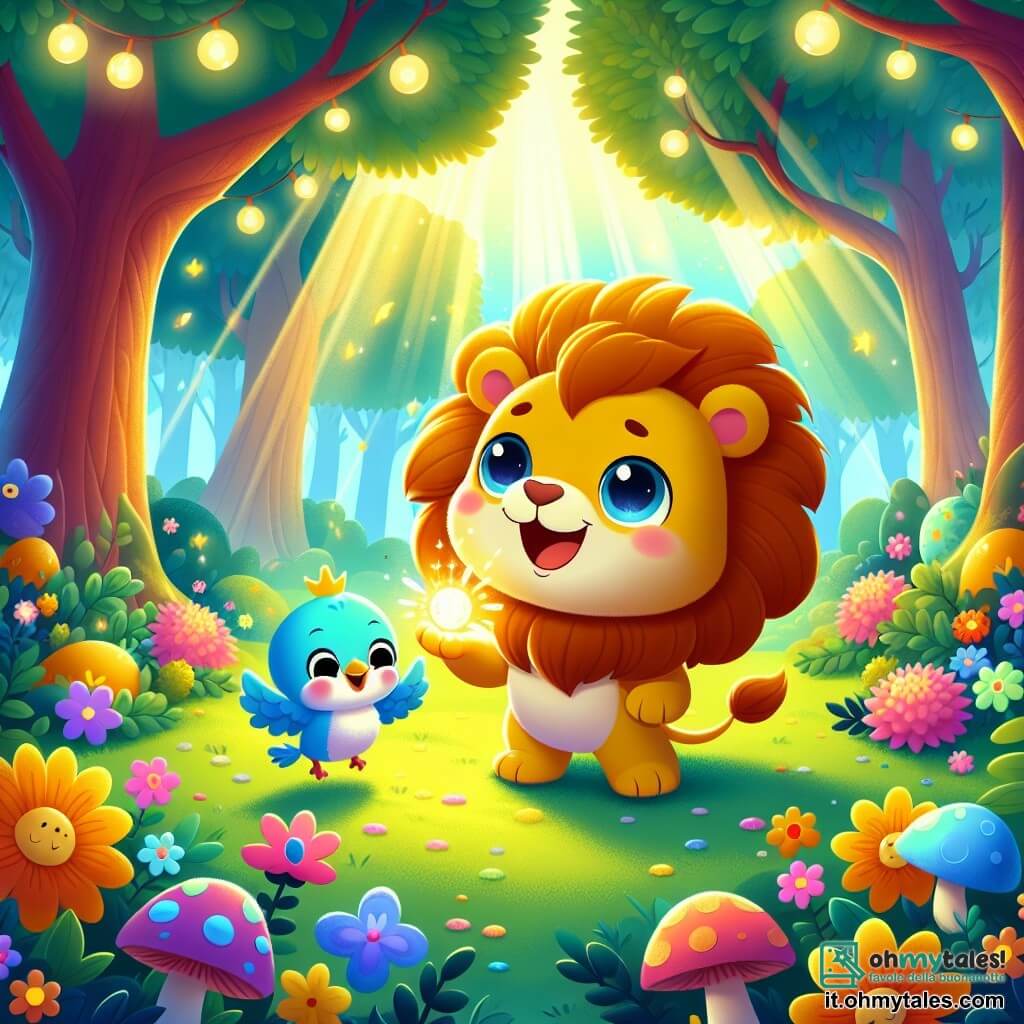 Un piccolo leone di nome Leo, con una criniera dorata e morbida come una nuvola, si trova al centro della scena, con gli occhi brillanti di curiosità e un ampio sorriso sul volto. È circondato da fiori colorati che sembrano danzare intorno a lui, mentre tiene una pietra magica scintillante tra le zampe anteriori. Accanto a lui, un piccolo uccello blu di nome Pio, con piume brillanti e un'aria gioiosa, vola in cerchio attorno a Leo, cantando allegramente. La scena si svolge in un bosco magico, dove gli alberi sono alti e maestosi, le loro foglie brillano sotto il sole e i raggi di luce filtrano attraverso i rami, creando un'atmosfera incantata. Leo e Pio scoprono insieme la pietra magica, simbolo della loro amicizia e della forza del cuore.