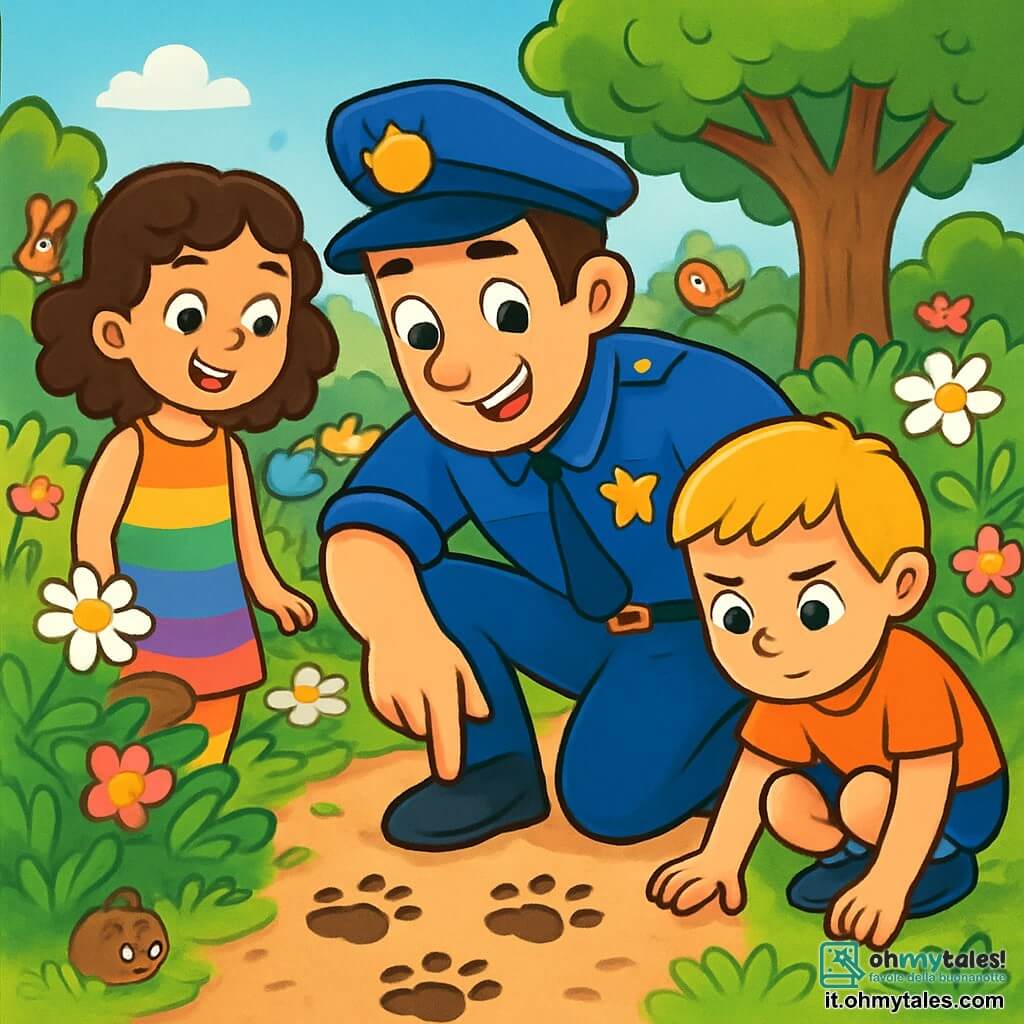 Un poliziotto uomo di circa trent'anni, con una divisa blu brillante, un sorriso caloroso e occhi scintillanti di curiosità, si china attentamente per esaminare delle impronte nel terreno. Accanto a lui, una bambina di 8 anni, con capelli castani e ricci, indossa un vestito colorato e osserva con meraviglia, mentre un ragazzo di 7 anni, con capelli biondi e corti, si accovaccia per vedere meglio le tracce, mostrando un'espressione concentrata. Il luogo è un giardino soleggiato, circondato da fiori colorati, con un grande albero frondoso sullo sfondo e un piccolo sentiero di terra che si snoda tra le piante. La scena principale mostra il poliziotto e i due bambini intenti a indagare, cercando indizi su margherite scomparse, con un'atmosfera di mistero e avventura, mentre piccoli animali curiosi li osservano da lontano.
