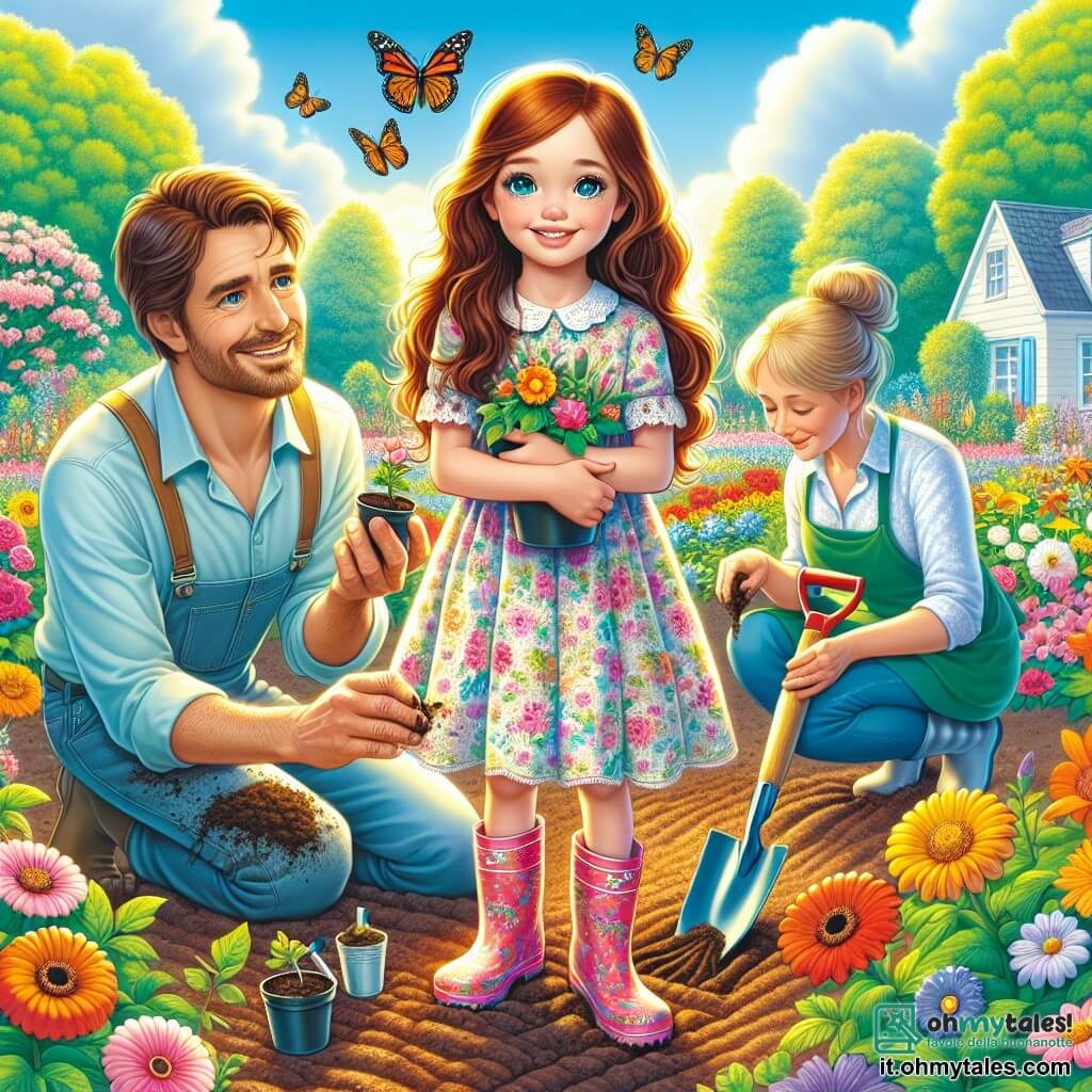 Una ragazza di 11 anni, Sofia, con lunghi capelli castani e occhi pieni di curiosità, si trova al centro di un giardino colorato, un ampio sorriso illumina il suo viso. Indossa un vestito leggero a fiori e stivali di gomma, con le mani piene di terra, mentre pianta semi in un piccolo vaso. Accanto a lei, suo padre, un uomo di circa 40 anni con capelli castani e barba corta, si inginocchia per aiutarla, con un'espressione orgogliosa. Sua madre, una donna di circa 38 anni con capelli biondi raccolti in uno chignon, si trova un po' più lontano, reggendo una pala e guardando la figlia con tenerezza. Il giardino è un vero e proprio quadro primaverile, pieno di fiori dai colori vivaci, farfalle svolazzanti e alberi in fiore, sotto un cielo azzurro chiaro punteggiato di nuvole bianche e soffici. Sofia e i suoi genitori stanno preparando il giardino per il festival di primavera, creando insieme uno spazio gioioso e accogliente, simbolo di rinascita e felicità familiare.
