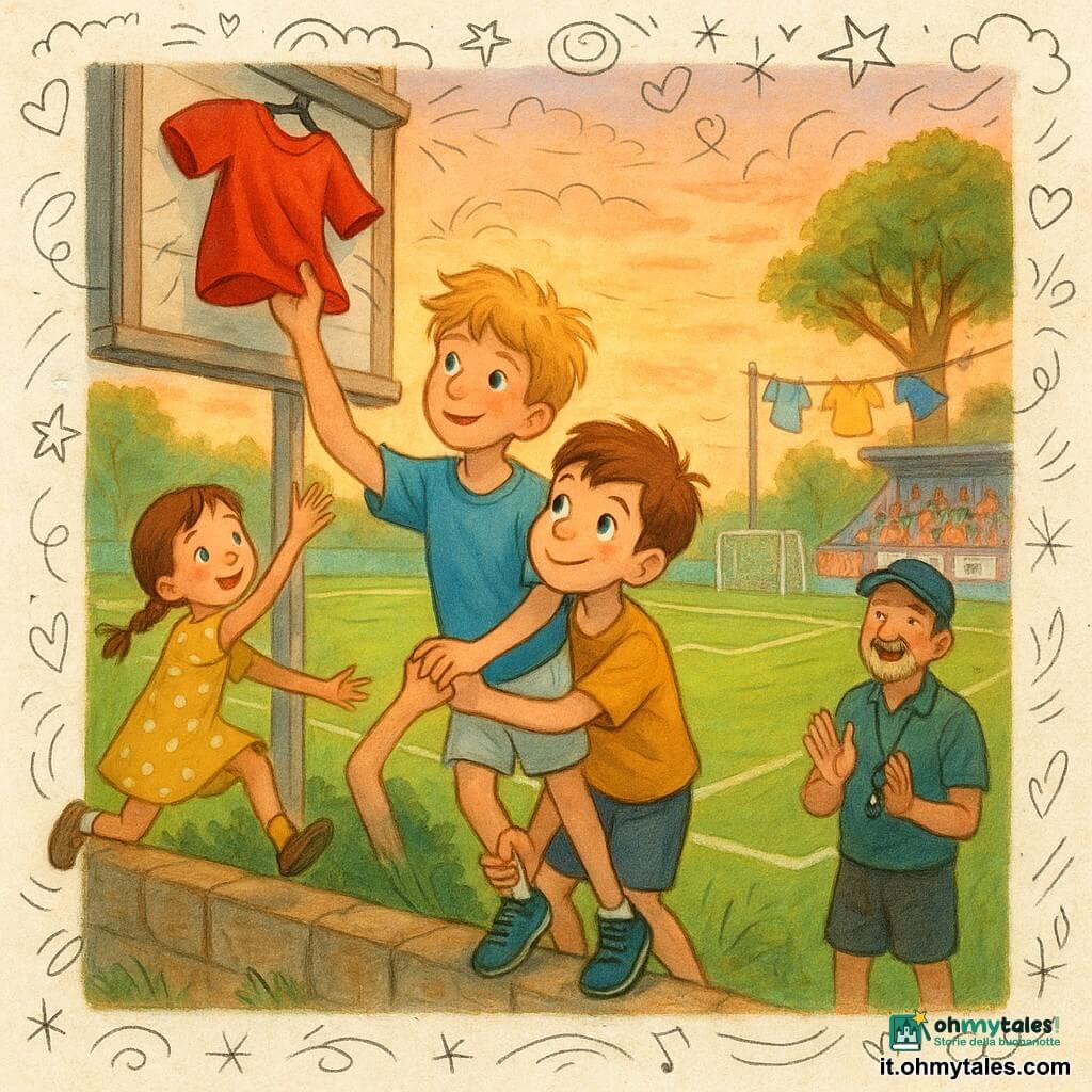 Un ragazzo (Luca) di circa 11 anni, sorridente e determinato, capelli corti castani, maglietta blu pulita e pantaloncini bianchi, sulle punte per afferrare una maglia rossa incastrata su un grande cartellone al bordo del campo; dietro di lui un ragazzo avversario di circa 12 anni, pelle chiara e capelli biondi spettinati, sguardo compassionevole che tiene la mano di Luca per aiutarlo; a sinistra una bambina di circa 9 anni con vestito giallo a pois e trecce castane salta oltre un piccolo muretto per partecipare e allunga le braccia verso la maglia; a destra un allenatore quarantenne con cappellino e fischietto sorride e applaude vicino alla linea laterale; luogo: campo di calcio con prato verde vivo, linee bianche nette, porte bianche, tribune modeste con famiglie colorate e bandiere, una vecchia quercia sullo sfondo e cielo al tramonto arancione e rosa; situazione principale: in primo piano si forma una catena umana gioiosa e dinamica per recuperare la maglia rossa dal cartellone, brezza leggera che fa sventolare altre maglie su uno stenditoio al bordo del campo, espressioni di cooperazione, colori vivaci, luce soffusa del crepuscolo, stile infantile con contorni netti, texture morbide e palette saturata.