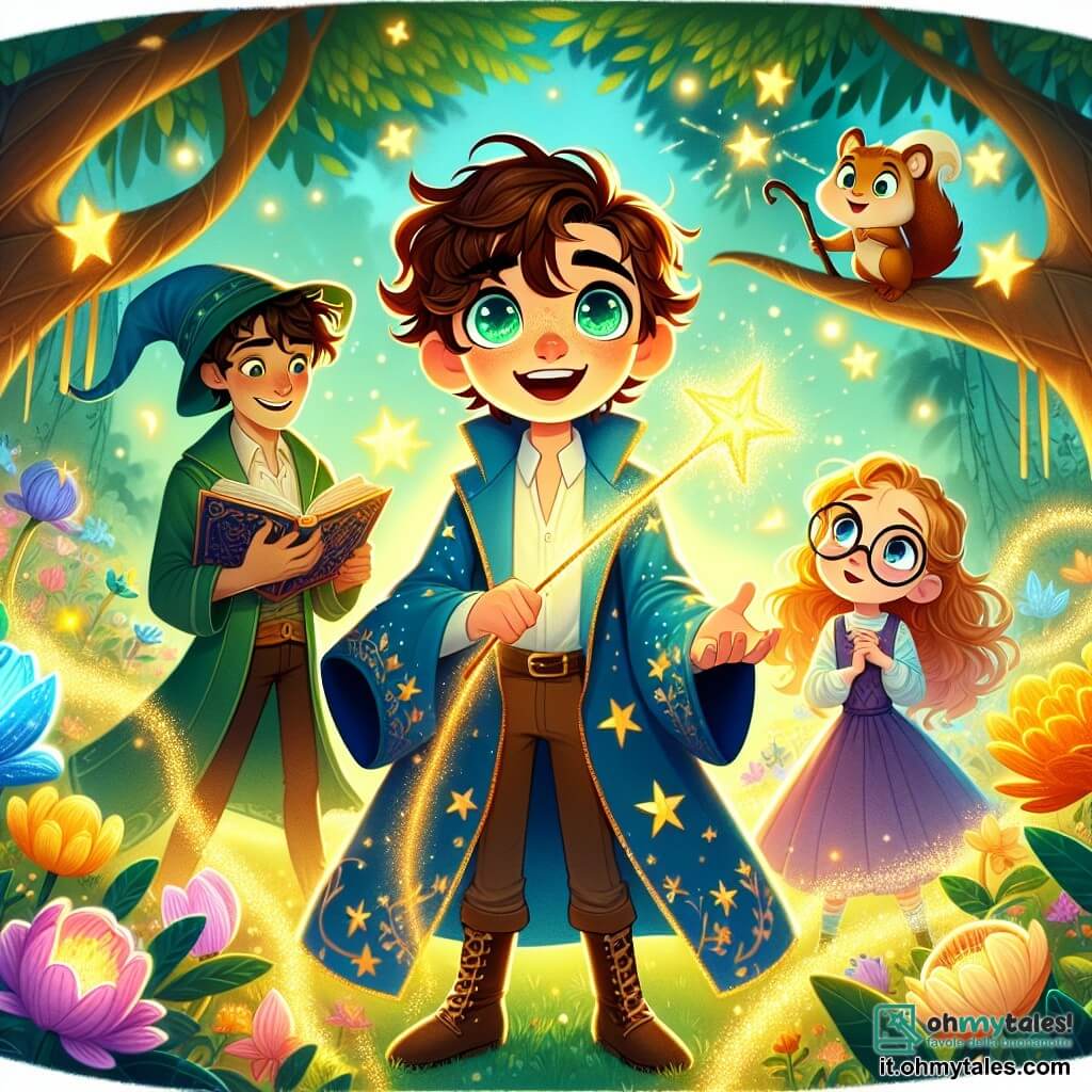 Al centro dell'immagine, Leo, un giovane mago di 10 anni con capelli ricci e occhi verdi brillanti, sorride meravigliato. Indossa una veste blu decorata con stelle dorate e tiene una bacchetta magica scintillante, circondato da foglie fluttuanti. Alla sua destra, Stella, una ragazza di 9 anni con capelli biondi e occhiali rotondi, osserva affascinata i fiori luminosi del giardino. Indossa un vestito viola e tiene un libro di magia aperto, i suoi occhi brillano di eccitazione. A sinistra, Bruno, un ragazzo di 10 anni con capelli castani arruffati, sorride mentre parla a un piccolo scoiattolo magico sulla sua spalla. Indossa una tunica verde ed è pronto per un'avventura. Lo scenario è un giardino incantato, pieno di fiori colorati che brillano sotto la luce dorata del sole al tramonto, circondato da alberi maestosi con foglie scintillanti, mentre un drago amichevole, Fiamma, si riposa al centro. Leo e i suoi amici scoprono questo giardino magico, meravigliati dai poteri dei fiori che emettono melodie incantevoli, mentre il drago li osserva sorridendo, pronto a guidarli nella loro avventura.