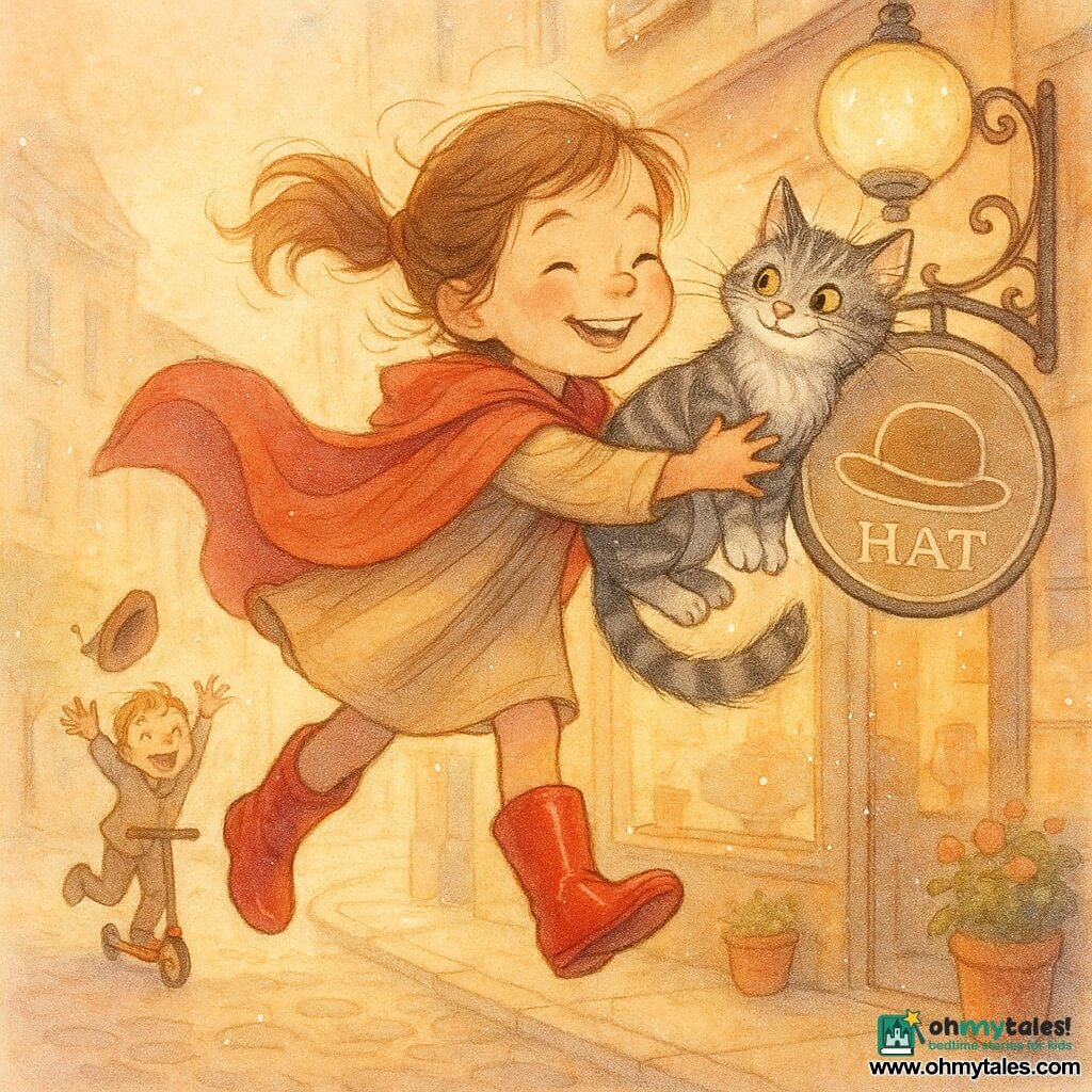 A girl-child, Maya, depicted as a joyful, mischievous about 7-year-old heroine with a bright smile and shining eyes, in a flowing red cape and shiny red boots, playfully snatching a gray-and-white tabby cat perched on a hat shop sign as she lightly spins in midair; a smiling about 6-year-old boy on a small scooter in the left background watches his hat fly off with arms raised; a colorful friendly city street before a hat shop with a large round sign, shiny windows, cobbles, round lampposts and potted flowers; passersby smile; pastel watercolor with grainy textures, fine white-gel pen highlights and warm morning light.
