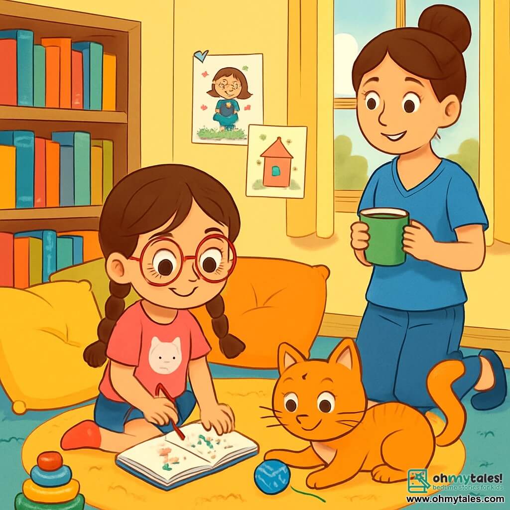 There are 3 characters: - Olivia: a 7-year-old girl with long brown braids and round glasses. She is wearing a pink t-shirt with a cat design and denim shorts. She is sitting on a soft rug, surrounded by colorful cushions, drawing in her notebook. - Mango: an orange cat with green eyes, shiny fur, and twitching whiskers. He is lying next to Olivia, playing with a small ball of yarn. - Mom: a woman in her thirties with brown hair tied in a bun. She is wearing a blue blouse and jeans. She is standing near Olivia, smiling, holding a cup of hot chocolate. The setting is a warm and welcoming room with pastel yellow walls and shelves filled with colorful books. A large window lets in sunlight, illuminating drawings hanging on the wall. A fluffy rug is spread on the floor, and toys are scattered around. The main scene shows Olivia focused on her drawing while her mom smiles tenderly at her, creating an atmosphere of support and love. Mango the cat adds a touch of joy by playing nearby, symbolizing the continuity of family life despite change.