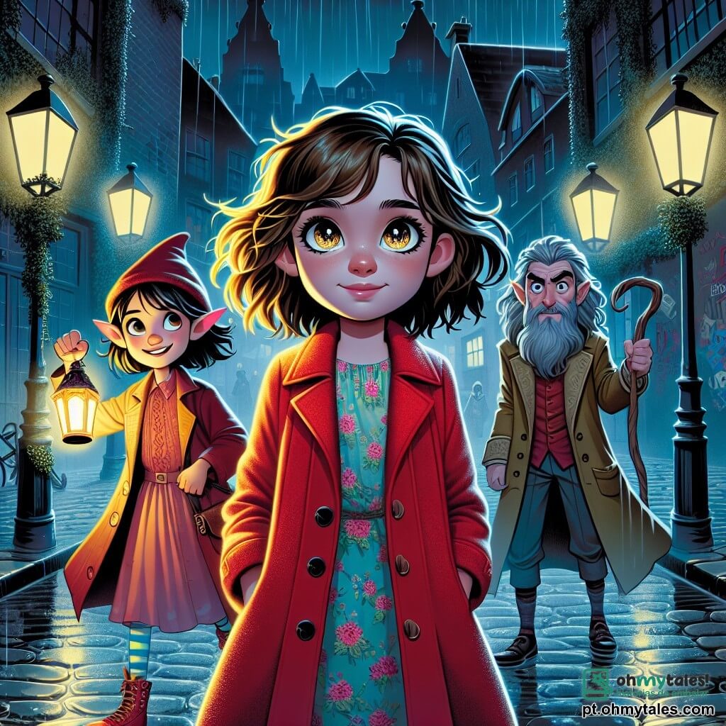 Uma menina de 12 anos, com cabelos castanhos bagunçados e olhos brilhantes de curiosidade, está no centro de uma rua urbana sob a chuva. Ela usa um casaco vermelho vivo, que contrasta com a atmosfera sombria e misteriosa ao seu redor. Sua expressão é determinada e corajosa, pronta para enfrentar o desconhecido. Ao seu lado, uma jovem elfa de 11 anos, com cabelos prateados e orelhas pontudas, observa atentamente as sombras que dançam ao redor. Ela veste um vestido leve adornado com padrões florais, acrescentando um toque de magia à cena. Um pouco mais atrás, um velho duende, com barba grisalha e olhos travessos, vigia os arredores, segurando uma lanterna que ilumina fracamente o caminho. O cenário é uma rua pavimentada da cidade, cercada por prédios modernos com fachadas brilhantes, além de velhas paredes cobertas de hera e grafites coloridos. Lampiões emitem uma luz tremulante, criando sombras inquietantes no chão molhado. A cena principal mostra a menina e seus amigos se preparando para enfrentar uma silhueta sombria que emerge de um canto escuro da rua, enquanto relâmpagos iluminam o céu, adicionando uma tensão palpável à atmosfera.