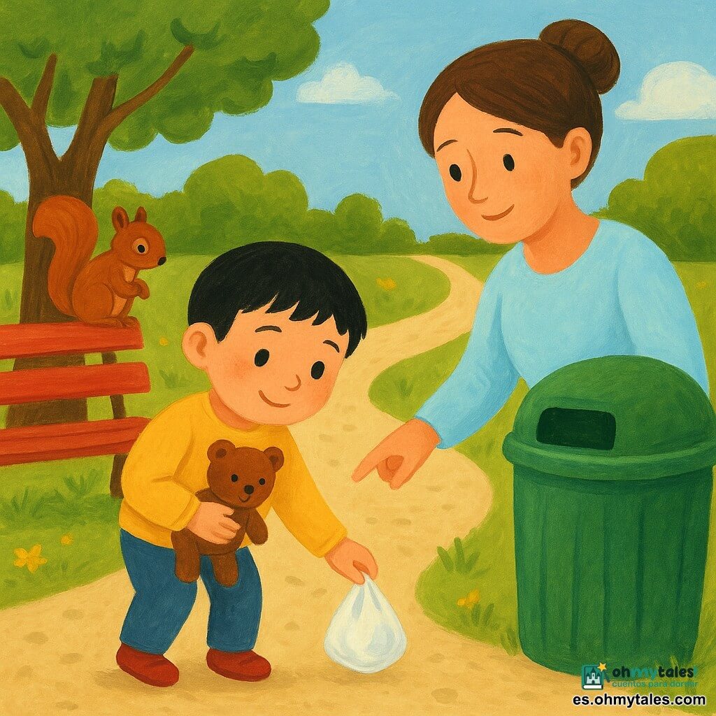 Un niño de 4 años, pelo negro corto, piel clara, ojos redondos y asombrados y sonrisa tímida, sostiene un peluche pequeño marrón contra el pecho mientras recoge una bolsa de plástico blanca del suelo; su madre de unos 30 años, pelo castaño en moño y blusa clara, lo mira con ternura y señala un contenedor verde junto a ella; una pequeña ardilla rojiza en una rama baja observa la escena en un parque urbano de grava beige, césped con flores amarillas, camino curvo y un banco rojo cercano; el niño camina despacio hacia el contenedor para tirar la bolsa, gesto atento, ambiente cálido y momento tranquilo y positivo.