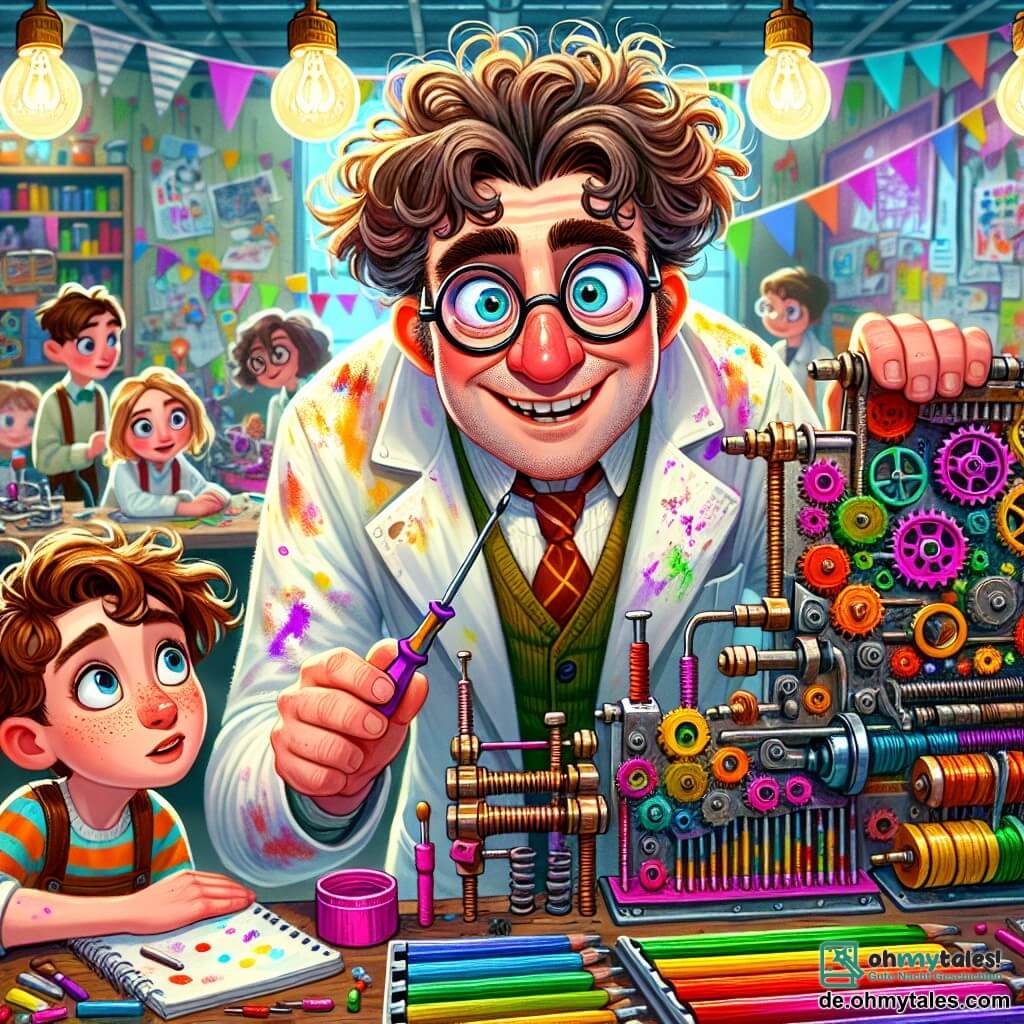Ein Mann, Professor Knallbumm, steht in seinem hellen und bunten Atelier. Er hat zerzauste Haare und trägt einen großen weißen Mantel, der mit Farbe bespritzt ist. Sein Gesicht zeigt Aufregung und Neugier, mit funkelnden Augen. Er beugt sich über eine seltsame Maschine aus Zahnrädern und bunten Drähten und hält einen Schraubendreher in der Hand. Neben ihm beobachtet die 8-jährige Mia mit großen, staunenden Augen, sie trägt ein gepunktetes Kleid und hält ein Skizzenbuch. Tom, ein 7-jähriger Junge mit Brille und zerzausten blonden Haaren, hockt und untersucht ein Teil der Maschine, konzentriert. Jonas, ein 6-jähriger Junge mit gestreiftem T-Shirt, schaut neugierig umher. Das Atelier ist voller seltsamer Objekte: Gläser mit Schrauben, Zeichnungen an der Wand und ein großes Fenster, das Sonnenlicht hereinlässt und die Szene erhellt. Die Hauptsituation zeigt den Professor und die Kinder, die eine neue Erfindung diskutieren, umgeben von bunten Maschinen, während kreative Ideen in der Luft schweben, bereit, verwirklicht zu werden.