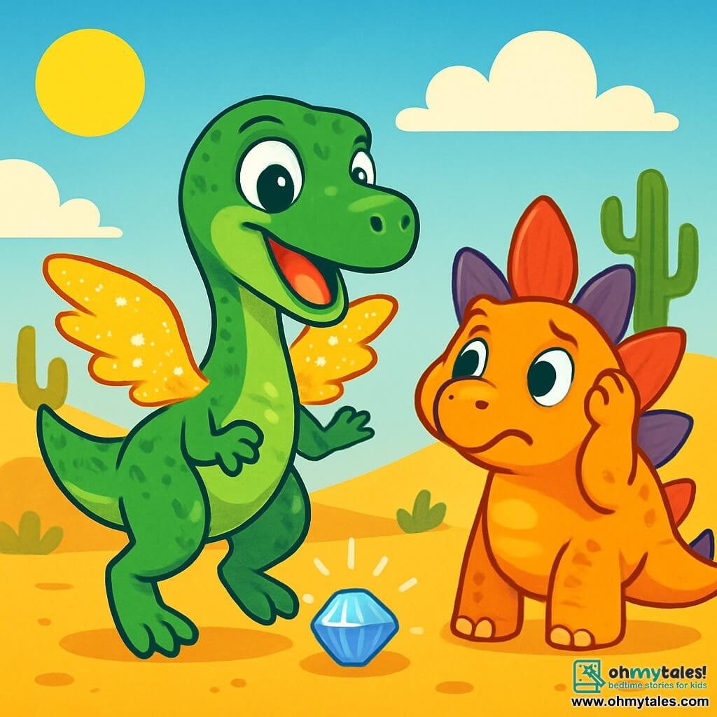 A velociraptor with shiny green scales and sparkling curious eyes, smiling enthusiastically, stands at the center of the image. It has shimmering wings that glisten in the sun. Next to it, a stegosaurus with colorful plates, looking admiringly, observes the velociraptor while scratching its head with a paw. In the background, a desert landscape with golden sand dunes, green cacti, and a bright blue sky. The velociraptor has just discovered a spinning shiny stone and is about to take off, full of excitement and joy.