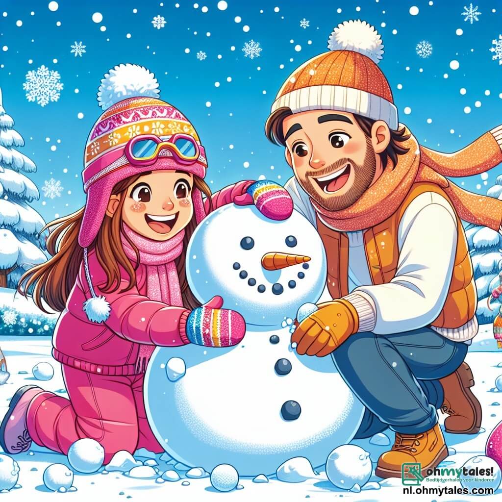Een 8-jarig meisje, Lisa, met lange kastanjebruine haren en roze wangen, glimlacht vrolijk terwijl ze een sneeuwman bouwt in haar tuin. Ze draagt een felroze skikleding, een wollen muts en kleurrijke handschoenen, en ze is omringd door sneeuwballen. Dichtbij helpt haar vader, een man van in de dertig met een bruine baard en een warme glimlach, haar een grote sneeuwbal te rollen voor het lichaam van de sneeuwman, lachend van blijdschap. De tuin is bedekt met een dikke laag schitterende sneeuw, met bomen met takken vol sneeuw en een heldere blauwe lucht op de achtergrond, wat een magische winteratmosfeer creëert. De belangrijkste situatie toont Lisa en haar vader die samen plezier hebben, lachend en spelend in de sneeuw terwijl ze een sneeuwman maken, wat de vreugde en verwondering van de winter symboliseert.