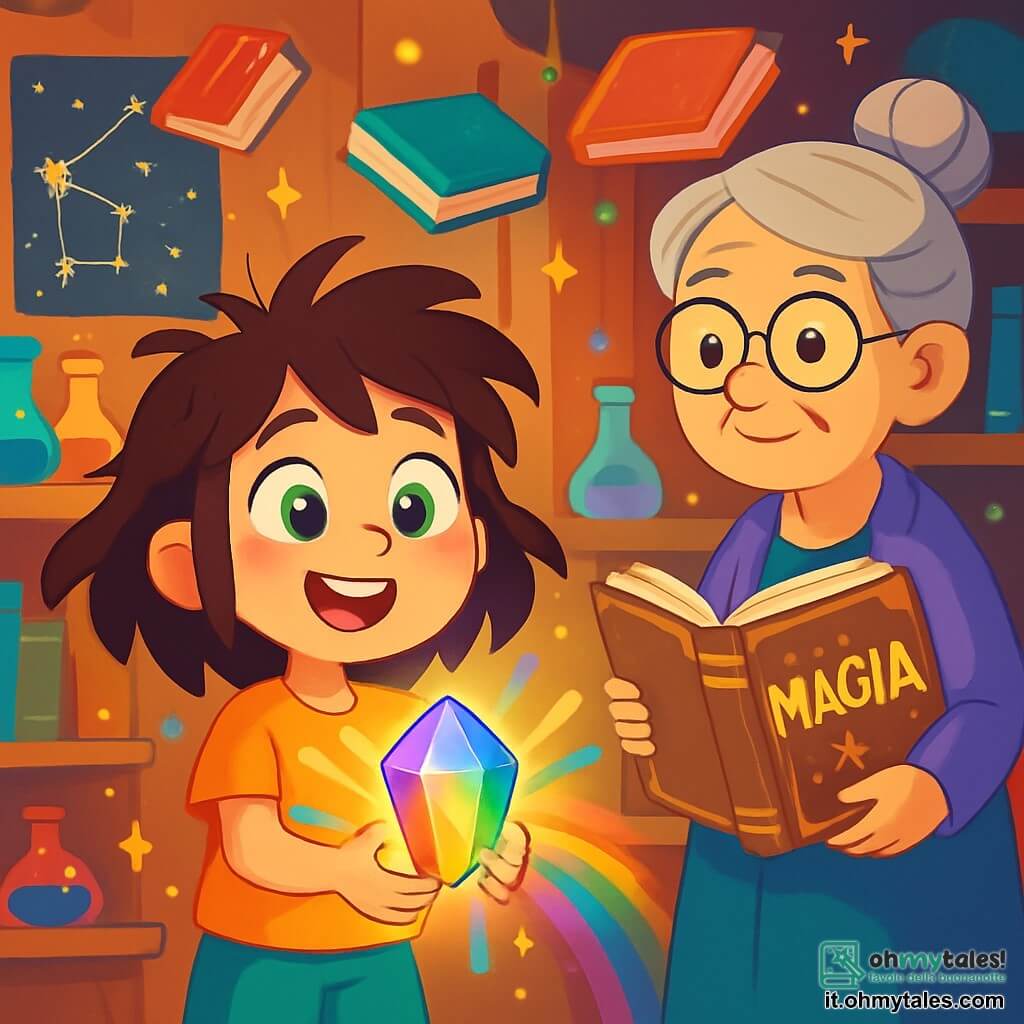 Una ragazza di 8 anni, Sofia, con grandi occhi verdi scintillanti e capelli castani in disordine, si trova al centro dell'immagine, il suo viso illuminato da un misto di meraviglia e curiosità. Tiene un cristallo brillante tra le mani, emettendo luci arcobaleno che danzano attorno a lei. Accanto a lei, la Signora Miriel, sua nonna di circa 60 anni, con capelli argentati raccolti e occhiali tondi, sorride calorosamente mentre tiene un antico libro di magia. Il contesto è una sala magica piena di libri fluttuanti, pozioni colorate su scaffali di legno intagliato e mappe stellari appese alle pareti. Luci scintillanti fluttuano nell'aria, creando un'atmosfera incantata. La scena principale mostra Sofia che scopre il cristallo che si illumina, mentre bagliori di luce colorata emanano dall'oggetto, simboleggiando l'inizio delle sue avventure tra scienza e magia.