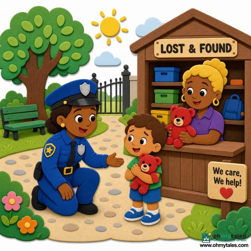 A smiling, kind female police officer in a bright blue uniform with a shiny silver badge kneels and reaches out reassuringly to a boy, Max, about 5 with short brown hair whose worried face brightens as he hugs a red teddy bear, standing to the officer’s right; a woman of about 40, a lost-and-found clerk with tied blond hair, holds the red teddy in front of a small wooden counter with shelves of colorful boxes behind her; the scene is a sunny afternoon park with a large green lawn, a green bench under a big round-leaved oak, gravel paths and a small wooden Lost & Found shed near a gate; main situation: the officer helps the boy recover his red teddy — warm, centered composition, bright colors, simple shapes and bold outlines in a foam-sticker style.
