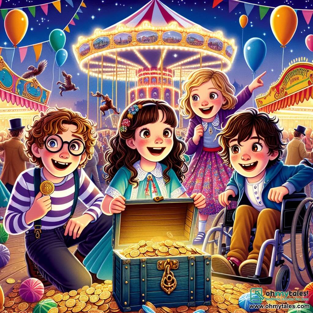 In a vibrant carnival scene, four children stand together in the center of a lively square. Max, an 11-year-old boy with curly hair and glasses, smiles enthusiastically while holding a small golden key. To his left, Lily, an 11-year-old girl in a colorful dress with braided hair adorned with bells, points to a large ride in the background. On the right, Sam, an 11-year-old boy in a wheelchair, looks on with sparkling eyes, his curiosity palpable. Finally, Noah, an 11-year-old boy with brown hair and a carnival-patterned t-shirt, holds a decorated wooden chest revealing sparkling medallions. The location is a brightly lit carnival square filled with colorful stalls selling sweet treats, floating balloons, and festive decorations. Twinkling lights illuminate the night sky as a large ride slowly turns, adding to the joyful atmosphere. The main situation shows the children discovering a hidden treasure in a chest, surrounded by the excitement of the carnival, their faces lit up by discovery and friendship, ready for an unforgettable adventure.