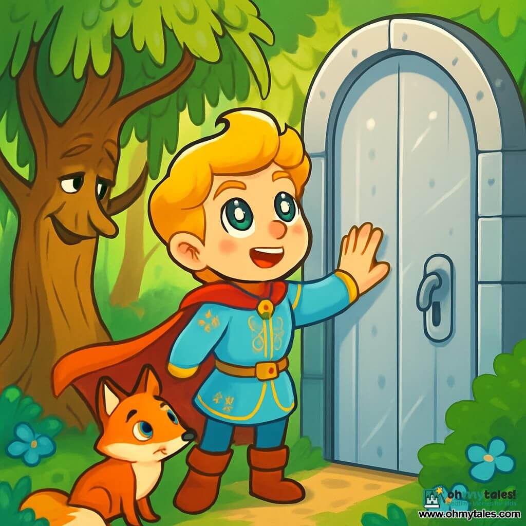 A prince with golden hair and eyes shining like stars stands before a silver door, his face radiating wonder and determination. He wears a sky-blue tunic adorned with golden patterns and a small cloak that gently floats behind him. Beside him, an old willow with graceful branches and lush green foliage seems to listen attentively, its long leaves dancing in the breeze. A clever fox, with red fur and mischievous eyes, stands near the prince, looking curious as if waiting for a sign to move forward. The scene takes place in an enchanted forest, where blue flowers and soft moss cover the ground. Sunlight filters through the branches, creating dancing shadows on the ground. The prince gently places a hand on the silver door, ready to open it. The atmosphere is filled with excitement and magic as he prepares to step into a new world, surrounded by his loyal friends.
