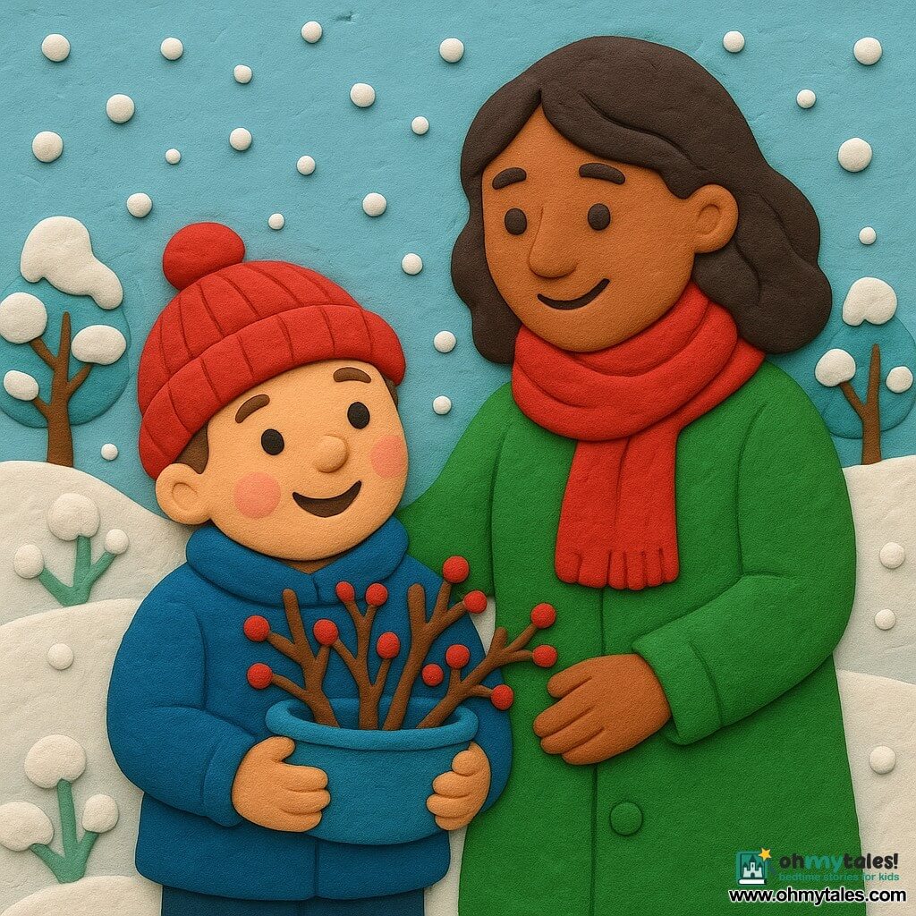 A 4-year-old boy, Tom, with round rosy cheeks, is wearing a red woolen hat and a blue coat. He has an amazed smile and holds a small blue basket filled with decorative branches. His mother, a woman around 30, stands next to him, smiling warmly, wearing a green coat and a red scarf. She is gently placing a hand on Tom's shoulder. They are in a snowy garden, where white snow covers the ground and small trees, creating an enchanting atmosphere. The main scene shows Tom and his mother choosing decorative branches, surrounded by softly falling snowflakes, adding a magical touch to the setting.
