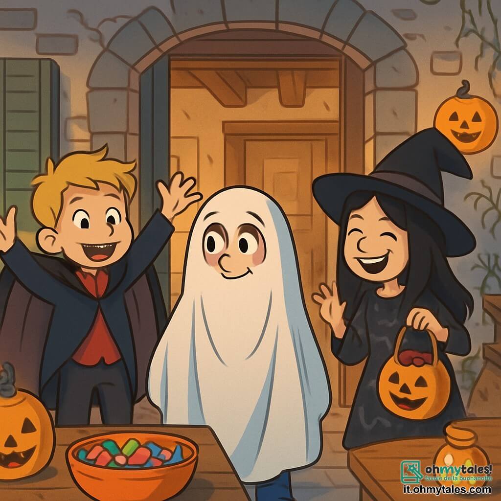 Ci sono 3 personaggi: - Leo: un ragazzo di 9 anni con capelli castani disordinati e occhi curiosi. Indossa un costume da fantasma fatto in casa, con un lenzuolo bianco e fori per gli occhi. Si trova al centro, con un sorriso timido. - Marco: un ragazzo di 9 anni, avventuroso, con capelli biondi e un grande sorriso. È vestito da vampiro, con un mantello nero e denti aguzzi di plastica. Si trova a sinistra di Leo, alzando le braccia con entusiasmo. - Giulia: una ragazza di 9 anni con capelli lunghi e neri, indossa un cappello da strega e un vestito nero decorato con ragnatele. È a destra di Leo, ridendo e tenendo un sacchetto pieno di caramelle. La scena si svolge davanti alla vecchia casa dei Milligan, una casa antica con muri in pietra grigia, finestre con persiane verdi e un giardino invaso dai rovi. Lanterne a forma di zucca illuminano l'ingresso, creando un'atmosfera misteriosa e accogliente. I tre amici, meravigliati e un po' nervosi, stanno entrando nella casa accogliente del Signor Milligan, dove caramelle colorate e decorazioni di Halloween sono disposte su un tavolo di legno.
