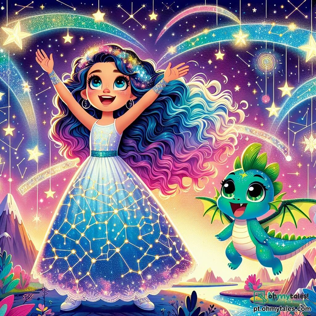 Luna, uma menina de dez anos com cabelos longos e ondulados da cor da noite, com olhos brilhantes como estrelas, está no centro da imagem, com os braços levantados para o céu e um sorriso maravilhado no rosto. Ela usa um vestido cintilante, adornado com padrões de constelações, que parece brilhar sob a luz das estrelas. Ao seu lado, um pequeno dragão chamado Puff, com escamas verdes e asas translúcidas, voa alegremente ao seu redor, com os olhos brilhando de alegria. Puff, que parece um jovem dragão de cinco anos, faz loopings no ar, acrescentando um toque de magia à cena. O cenário é uma paisagem fantástica de um planeta cheio de cores vibrantes, com montanhas flutuantes e rios de luz, sob um céu estrelado onde constelações dançam. Estrelas cadentes cruzam o céu, deixando rastros de luz cintilante. A cena mostra Luna e Puff celebrando a restauração do equilíbrio das galáxias, cercados por luzes brilhantes e magia, simbolizando a harmonia restaurada no universo.