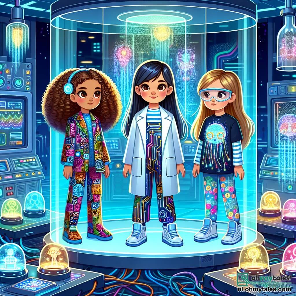 Drie meisjes, Lila, Noor en Yara, ongeveer 10 jaar oud, staan in het midden van een futuristisch laboratorium. Lila heeft krullend bruin haar en draagt een kleurrijke overall met circuitpatronen. Noor, met steil zwart haar, is gekleed in een witte labjas en draagt een veiligheidsbril. Yara, met golvend blond haar, heeft een t-shirt met heldere hologrammen aan. Ze zijn omringd door glanzende machines en zwevende hologrammen die de ruimte verlichten. Het laboratorium is gevuld met futuristische gadgets, met holografische schermen die fonkelende gegevens weergeven en apparaten in verrassende vormen. Kleurrijke lichten dansen op de glazen muren, en bioluminescente planten voegen een vleugje magie toe aan de omgeving. De meisjes ontdekken verwonderd een nieuwe uitvinding, de HoloPort, waarmee ze kunnen reizen in een augmented reality. Ze wisselen opgewonden blikken uit, klaar om zich onder te dompelen in het avontuur dat hen wacht in hun futuristische stad, Neonopolis.