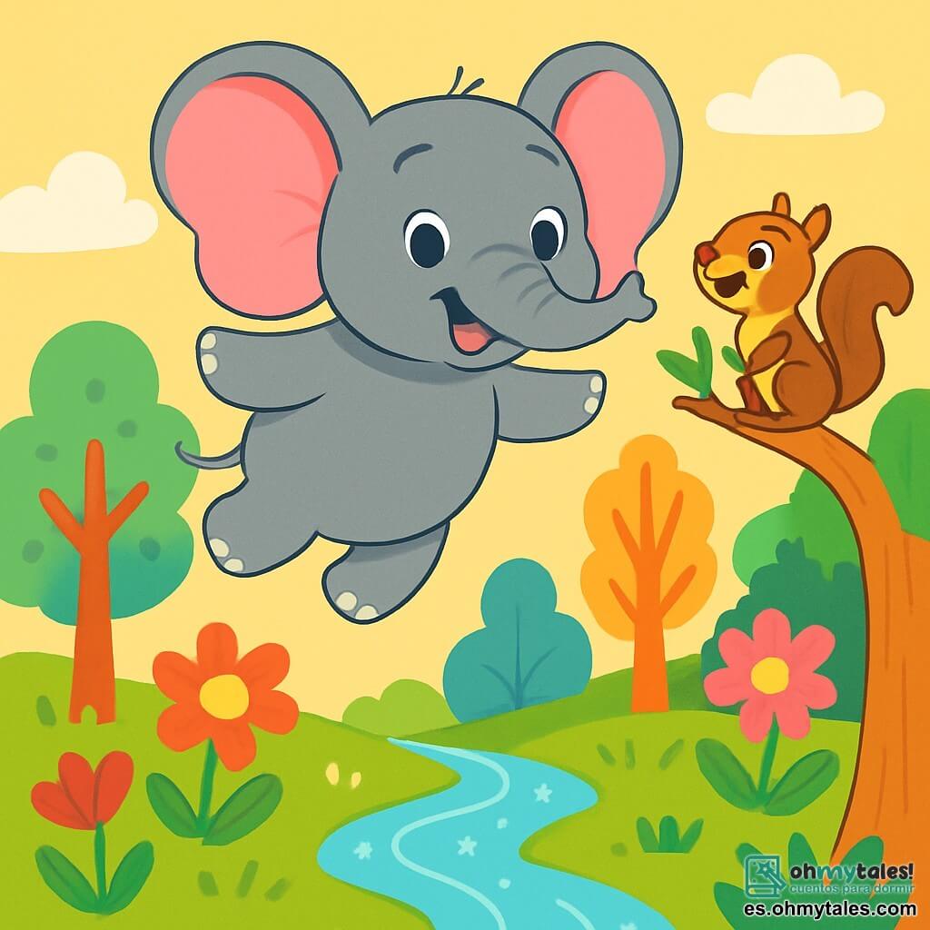 Un elefante feliz llamado Eli, con grandes orejas rosas y una piel gris brillante, flota en el aire, con una radiante sonrisa en su rostro. Sus ojos brillan de emoción mientras vuela sobre un paisaje encantador. A su lado, una pequeña ardilla llamada Luna, con pelaje marrón y una cola en forma de penacho, mira a Eli con asombro, posada en una rama de árbol. El escenario es un bosque mágico, lleno de árboles con troncos coloridos, flores danzantes con pétalos brillantes, y un arroyo centelleante que serpentea por el suelo. La escena principal muestra a Eli, el elefante, elevándose en el cielo, rodeado de nubes suaves y esponjosas, mientras Luna lo anima con gritos de alegría, celebrando su vuelo mágico.