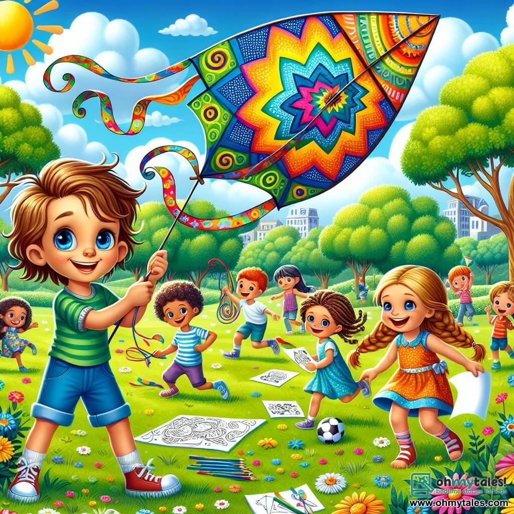 In the foreground, an 11-year-old boy named Jamie, with messy brown hair and sparkling blue eyes, stands proudly in a sunny park. He smiles, holding a large, colorful kite with swirling patterns of yellow, green, and blue, flying high in the sky. His expression radiates happiness and confidence, symbolizing his freedom to be himself. Next to him, his 7-year-old sister Mia, with braided blonde hair and shining eyes, beams as she holds handmade paper flowers. She is full of energy, joyfully bouncing around Jamie, adding color to the scene. In the background, a group of children of different ages gathers around Jamie and Mia, admiring the kite. Some hold crayons and paper, ready to draw, while others prepare to play football, showcasing a variety of interests. The setting is a lush park with majestic trees, vibrant flowers, and a clear blue sky dotted with fluffy white clouds. The grass is bright green, and the atmosphere is filled with laughter and joy. The main scene shows Jamie, feeling proud and free, flying his kite while other children gather around him, celebrating diverse passions and gender equality in a spirit of camaraderie and creativity.