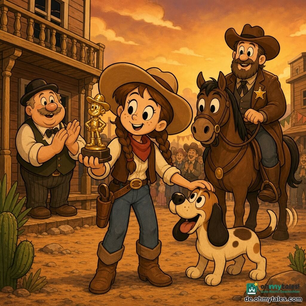 June ist ein jung wirkendes Cowgirl (etwa 14), rundes Gesicht mit Sommersprossen, braune Zöpfe unter breitkrempigem Cowboyhut, bestimmt und freundlich, sie hält eine kleine Statue in einer Hand und streichelt mit der anderen ihren schlanken, fröhlichen Hund Sam, kurzbeinig mit hängenden Ohren, der rechts vorne vor Freude bellt; Sheriff Cooper, etwa 40, groß mit dichter Bartstoppeln, Lederjacke und glänzendem Stern, sitzt erleichtert auf seinem Pferd hinter ihr; Bill, der Saloonwirt, etwa 55, rundlich mit schüchternem Lächeln, steht links auf der Veranda und klatscht leise. Ort: kleine Westernstadt bei Dämmerung, staubige Straße, Holzhäuser mit aufgemalten Schildern, Saloon mit Balkon, Kakteen und Felsen im Hintergrund, warme goldene Lichtstimmung. Situation: June übergibt öffentlich die wiedergefundene Statue, die Szene zeigt Erleichterung und Befreiung mit dezenter Menge im Hintergrund, aufgewirbeltem Staub sowie Fahnen und Girlanden; Komposition zentriert auf June, die glänzende Statue und glückliche Gesichter. Stil: gesättigte warme Farben, dicke schwarze Konturen, rundlich überzeichnete Proportionen im "rubber hose"-Stil, grobe Holztexturen und weiche Schatten.