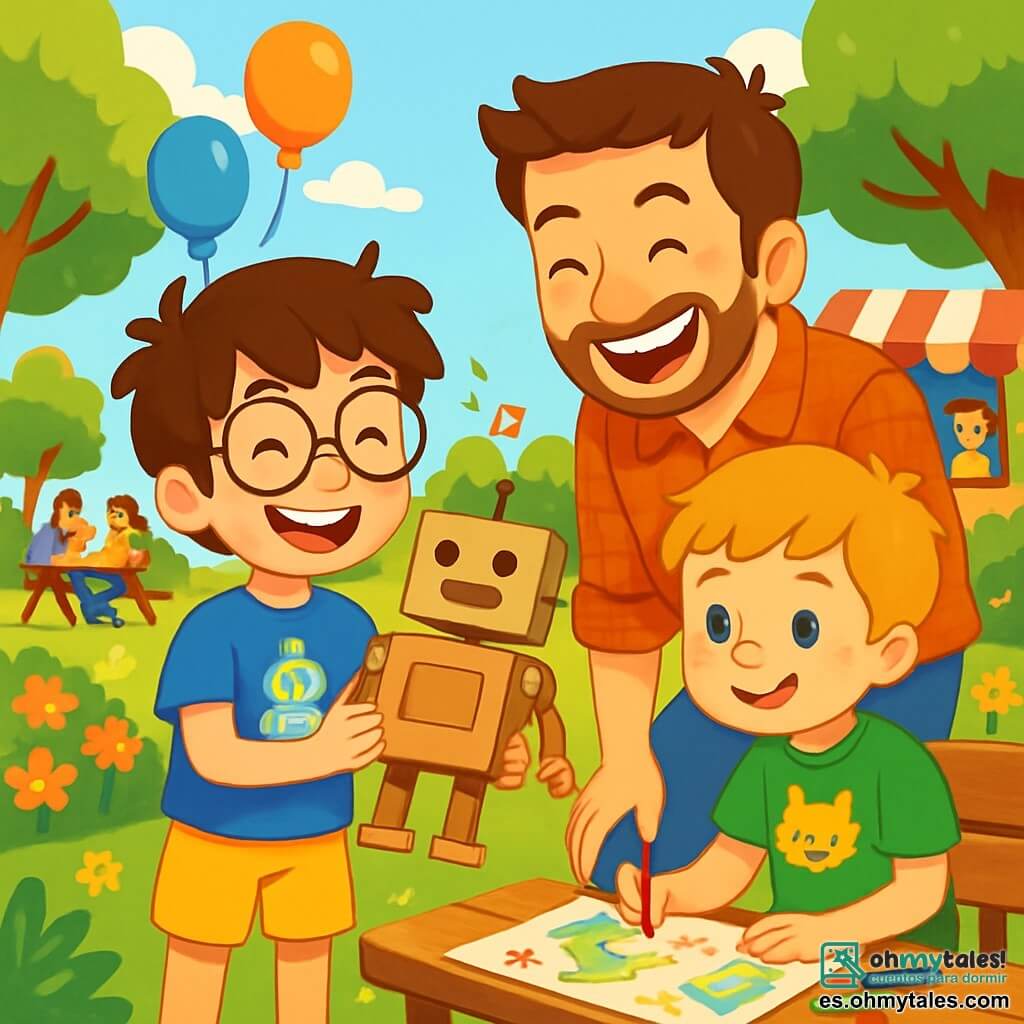 Hay 3 personajes: - Nico: un niño de 8 años, con cabello castaño despeinado y gafas redondas. Lleva una camiseta azul con un dibujo de robot y un pantalón corto amarillo. Está sonriendo, sosteniendo un robot de cartón en sus manos. - Martín: un niño de 8 años, con cabello rubio y pecas. Lleva una camiseta verde con un dibujo de gato y un pantalón de mezclilla. Está sentado en un banco, dibujando en un gran mapa con lápices de colores. - El papá de Nico: un hombre de unos 35 años, con cabello castaño y una barba ligera. Lleva una camisa a cuadros y jeans. Está al lado de Nico, mirando el robot con una gran sonrisa. La escena principal tiene lugar en un parque soleado, lleno de flores coloridas y grandes árboles verdes. Hay globos flotando en el aire y familias divirtiéndose alrededor de mesas de picnic. Al fondo, se ve un puesto de comida con gente riendo y bailando al son de música alegre. La situación principal de la historia muestra a Nico y Martín celebrando el día del padre. Nico presenta orgullosamente su robot a su papá, quien se ríe a carcajadas después de escuchar uno de los chistes del robot. Las caras están iluminadas por la alegría y el amor, y la atmósfera es festiva y cálida.