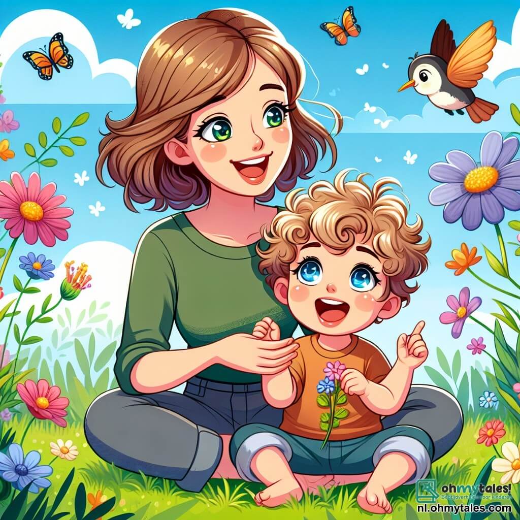 Een jongetje van 2 jaar, genaamd Lars, met krullend blond haar en sprankelende ogen van vreugde, zit in het groene gras, lachend en kijkend naar een mooi gekleurd bloempje dat hij in zijn hand houdt. Zijn mama, een vrouw van ongeveer 30 jaar met kastanjebruin haar en een warme glimlach, staat naast hem en wijst naar een vogel die zingt in een nabijgelegen boom, met een stralende glimlach. De achtergrond is een prachtige lentetuin, vol met bloeiende, kleurrijke bloemen, vlinders die rondfladderen, en een heldere blauwe lucht met enkele donzige witte wolken. Lars, verwonderd, observeert de natuur om zich heen terwijl hij probeert het gezang van de vogels na te doen, wat een vrolijke en levendige sfeer creëert.