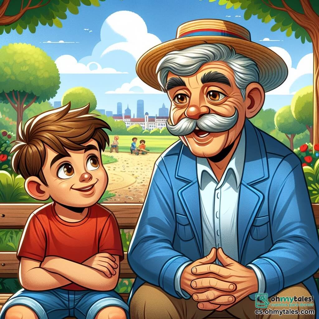 Don Miguel es un hombre mayor con cabello gris y un gran bigote, que lleva una chaqueta azul y un sombrero de paja. Tiene una sonrisa cálida y ojos llenos de sabiduría, sentado en un banco de un parque, contando una historia a un niño. Lucas, un niño de unos 8 años, tiene cabello castaño y ojos curiosos. Lleva una camiseta roja y un short azul, sentado al lado de Don Miguel, escuchando atentamente con una sonrisa maravillada en su rostro. El parque es verde, con árboles majestuosos, flores coloridas y un cielo azul salpicado de nubes blancas. Un camino de grava serpentea a través del parque, y niños juegan a lo lejos, añadiendo una atmósfera alegre a la escena. La situación principal muestra a Don Miguel compartiendo recuerdos de aventuras escolares con Lucas, quien está cautivado por las historias de su mentor, ilustrando la importancia de la educación y la curiosidad.