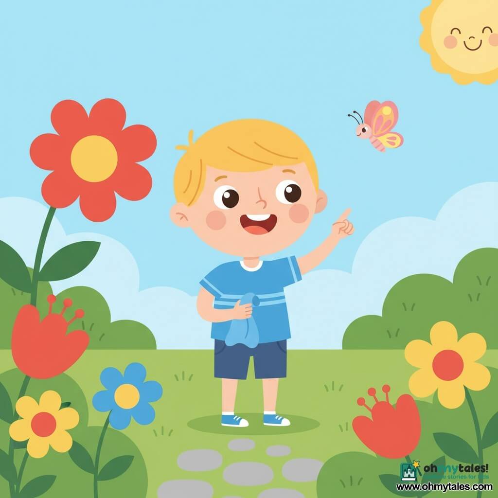 A joyful 2-year-old boy named Leo with a round face, short blond hair and bright eyes smiles and points at a red flower while holding a small blue comforter; a gentle butterfly named Bella with delicate pink-and-yellow patterned wings floats at his head. The bright garden has soft green grass, large red, yellow and blue flowers, a few round bushes and a clear blue sky with a smiling sun; Leo stands on a small stone path amid a warm, peaceful atmosphere.