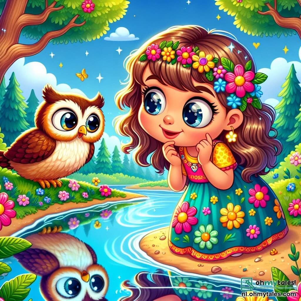 Een klein meisje van 4 jaar, genaamd Lila, staat aan de oever van een prachtige, glinsterende rivier. Ze heeft grote, heldere ogen, krullend kastanjebruin haar en draagt een kleurrijke jurk met bloemen. Haar gezicht straalt nieuwsgierigheid en vreugde uit terwijl ze naar haar reflectie in het water kijkt, een stralende glimlach op haar gezicht. In de buurt zit een wijze uil met bruine en witte veren op een tak. Zijn grote ronde ogen lijken Lila vriendelijk te observeren terwijl hij haar zachtjes vertelt over de geheimen van het leven. De omgeving is betoverend: grote bomen met levendige groene bladeren omringen de rivier, terwijl kleurrijke bloemen dansen in de wind. De lucht is helderblauw met enkele donzige witte wolken. Lila kijkt naar haar reflectie in het water en luistert aandachtig naar de adviezen van de uil, terwijl ze het geheim van het leven ontdekt: de schoonheid van de kleine dingen om haar heen.