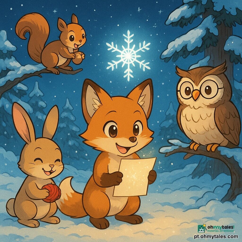 Uma raposa de pelagem caramelizada com a ponta da cauda branca, chamada Luar, está alegremente em uma clareira nevada. Seus olhos brilham de curiosidade e felicidade enquanto segura uma folha de papel cintilante entre as patas. Ao lado dela, um floco de neve luminoso flutua suavemente, emitindo um suave brilho prateado. Um coelho chamado Tromp, com orelhas erguidas e um sorriso travesso, está à sua esquerda, segurando um pequeno pedaço de lã vermelha. Uma coruja sábia, Bita, empoleirada em um galho baixo, ajusta seus óculos redondos enquanto observa a cena com um olhar benevolente. Ao fundo, um esquilo travesso, Tico, agarra-se a um pinheiro, segurando uma noz dourada. A clareira é cercada por árvores majestosas cobertas de neve cintilante, e o céu está pontilhado de estrelas brilhantes. A cena principal mostra Luar e seus amigos colaborando para escrever uma mensagem de paz, criando uma atmosfera acolhedora e festiva sob as luzes suaves da noite de Natal.