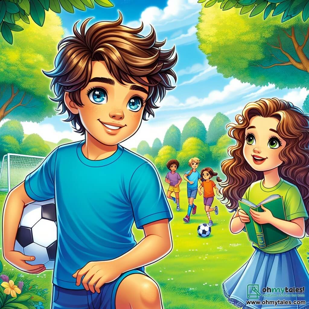 A 12-year-old boy, Max, stands center stage with messy brown hair and sparkling eyes full of determination. He wears a bright blue t-shirt and shorts, smiling confidently, ready to face the world. Beside him is his best friend, Lily, an 11-year-old girl with long curly hair, encouraging him with a shy smile while holding a book. In the background, the park is lush with greenery, majestic trees, and a bright blue sky, creating a joyful and welcoming atmosphere. Max is preparing to play soccer with other kids, his energetic and enthusiastic posture illustrating the moment he overcomes his doubts to join them.