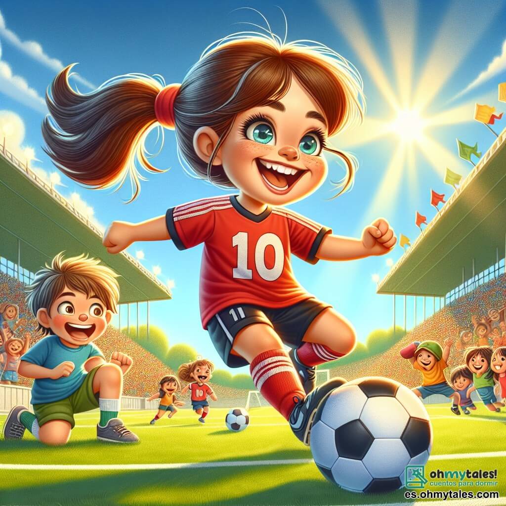 Una joven, Nora, está en el centro de la imagen, sonriendo y llena de alegría, con el pelo castaño recogido en una coleta. Lleva una camiseta de fútbol roja con el número 10, pantalones cortos negros y zapatillas blancas. Está driblando un balón de fútbol en el campo, con los ojos brillantes de emoción y determinación. A su derecha, un niño llamado Tomás, de unos 10 años, está sentado en las gradas, con los ojos abiertos de admiración. Tiene el pelo desordenado y lleva una camiseta azul y un pantalón corto verde. Sostiene un pequeño balón de fútbol contra su corazón, mirando a Nora con una sonrisa maravillada. El escenario es un gran estadio soleado, con gradas llenas de espectadores alegres, banderas ondeando y un cielo azul claro. La situación principal muestra a Nora en plena acción, driblando el balón con facilidad, mientras Tomás la anima desde las gradas, ilustrando la pasión y la amistad que unen a los futbolistas.
