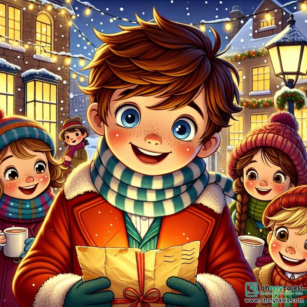 A 7-year-old boy named Oliver, with bright blue eyes and messy brown hair, smiles excitedly while holding a yellowed letter, surrounded by a soft, warm light. He wears a bright red coat and a striped scarf, standing in front of a group of friends. Next to him, Mia, an 8-year-old girl with curly brown hair and a big smile, holds a cup of hot chocolate, her cheeks rosy from the cold. Jake, a 7-year-old boy with blond hair and round glasses, is decorating a box with colorful ribbons, while Emma, a 6-year-old girl with braids and a wool hat, watches in wonder. The scene takes place on a charming snowy street, where houses decorated with twinkling lights line the path. A large Christmas tree lights up the square, surrounded by gently falling snowflakes. Oliver and his friends are preparing a surprise for their friend Lily by gathering donations to give her a winter coat. The atmosphere is joyful, filled with laughter and excitement as they work together to perform an act of kindness.