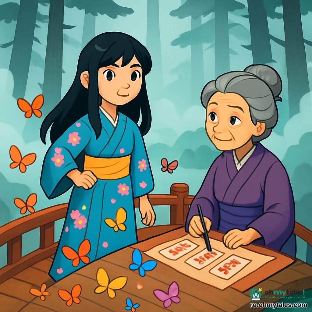 O tânără pe nume Aiko, cu părul lung și negru strălucitor și un kimono tradițional albastru decorat cu flori de cireș, stă pe un pod din lemn acoperit cu fluturi colorați. Fața ei exprimă o determinare blândă, cu ochii strălucind de curiozitate și un zâmbet ușor. Lângă ea, o bătrână pe nume Maiko, în vârstă de aproximativ 70 de ani, cu părul gri aranjat cu grijă într-un coc și un kimono violet, pictează talismane pe o pătură de mătase, observând-o pe Aiko cu un privire binevoitoare. Locul este un col de ceață, unde pini mari cu trunchiuri negre se ridică, iar ceața dansează în jurul lor, creând o atmosferă mistică și onirică. Aiko traversează podul, înconjurată de fluturi strălucitori, îndreptându-se spre barca sufletelor, pregătită să salveze spiritele pierdute în ceață.