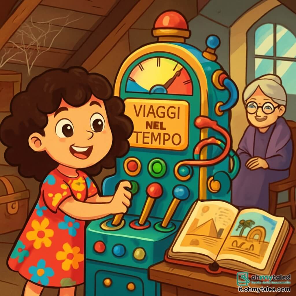 Una bambina di 8 anni, Sofia, con i capelli ricci e castani e gli occhi pieni di curiosità, si trova davanti a una grande macchina del tempo. Indossa un vestito colorato a fiori e ha un sorriso meravigliato sul volto, con le mani posate sulle leve della macchina. Accanto a lei, un vecchio libro polveroso aperto, con illustrazioni di avventure egiziane, giace su un tavolo di legno. In un angolo della stanza, una nonna benevola, di circa 70 anni, con occhiali rotondi e uno scialle di lana, osserva Sofia con un sorriso affettuoso, seduta su una sedia di legno intagliato. La scena si svolge in una vecchia soffitta piena di tesori dimenticati: bauli antichi, ragnatele scintillanti e raggi di luce che filtrano attraverso una finestra polverosa. Sofia, emozionata e un po' nervosa, esita a tirare una delle leve colorate della macchina, pronta a iniziare il suo incredibile viaggio nel tempo.
