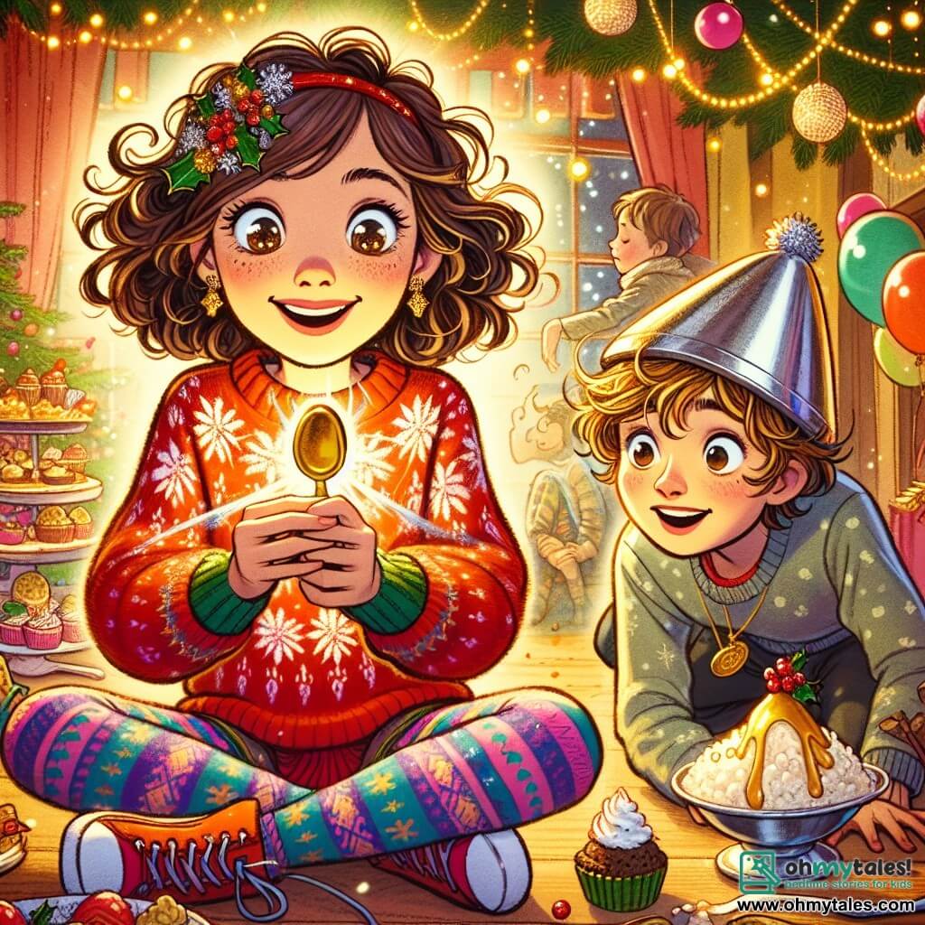 A 12-year-old girl, Molly, with curly brown hair and sparkling curious eyes, holds a small golden spoon in her hand, a wide smile lighting up her face. She wears a bright red sweater decorated with snowflakes and colorful patterned leggings. Next to her, her 8-year-old little brother Finn, with messy blond hair and bright blue eyes, is crouched down, gazing in wonder at the spoon, wearing a tin foil hat, ready to defend New Year's. The scene takes place in a cozy kitchen filled with party decorations: twinkling garlands, colorful balloons, and a table laden with festive dishes, featuring cupcakes and a large bowl of rice pudding at the center. The atmosphere is joyful and lively, with laughter in the background. Molly and Finn are at the heart of the adventure, discovering the secret of the golden spoon, surrounded by the excitement and magic of New Year's.