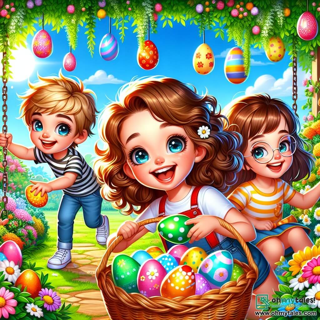 A 6-year-old girl named Lily, with beautiful curly brown hair and sparkling blue eyes filled with excitement, stands in the center of the image holding a basket overflowing with colorful eggs. She joyfully smiles, her cheeks flushed with enthusiasm, as she looks at her friends. To her right, a 7-year-old boy named Max, with messy blond hair and a striped t-shirt, crouches to pick up a pink egg hidden under a flowering bush. To her left, Mia, a 6-year-old girl with brown hair and round glasses, points to a shiny egg near the swing, her face lit up with curiosity. The setting takes place in a sunny garden filled with colorful flowers, a large green tree, and a wooden swing, creating a joyful and spring-like atmosphere. The scene shows Lily and her friends in the middle of an Easter egg hunt, laughing and having fun, surrounded by multicolored eggs hidden in the bushes and under the flowers, capturing the festive spirit and excitement of this special day.