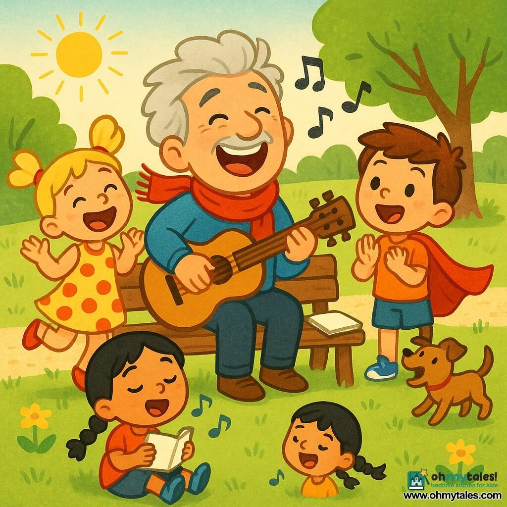 A smiling, joyful male singer with soft gray hair and a red scarf sits on a wooden bench playing a brown guitar with an open notebook beside him while three children join a sunny park mini-concert: Lily, about 6, blond pigtails in a polka-dot dress laughing and skipping to the left and clapping; Max, about 6, short brown hair wearing a red superhero cape standing to the right and clapping excitedly; Mia, about 6, black braided hair and bright blue shoes sitting on the ground in front singing and holding a small lyric book; textured green lawn, leafy trees, a light gravel path, a few yellow flowers and a small dog barking in the distance, warm contrasting colors, rounded features and exaggerated expressions in a childlike style.