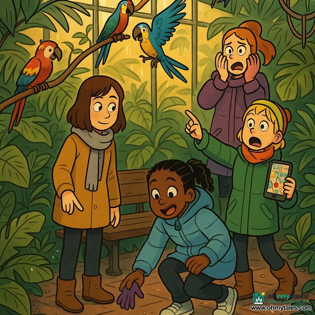 Four 11-year-old girls in a warm, misty Tropical Animal House greenhouse: Maya (mid-brown hair, gray scarf) stands slightly left, calmly pointing to the spot where a small purple glove fell; Zara (red ponytail, purple coat and gloves) at right presses the found glove to her cheek with a comic, exaggerated expression; Nia (black braided hair, sky-blue coat) crouches in front of a dark wooden bench, joyfully surprised as she picks up the glove from beneath it; Elsie (short blonde hair, green coat) stands behind them dramatically with a hand to her forehead, holding a phone and map and directing the group; colorful parrots perch on wooden branches among lush tropical plants and fogged glass walls, warm yellow-orange light, damp tiled floor, saturated colors, thick outlines, cartoon-style exaggerated faces.