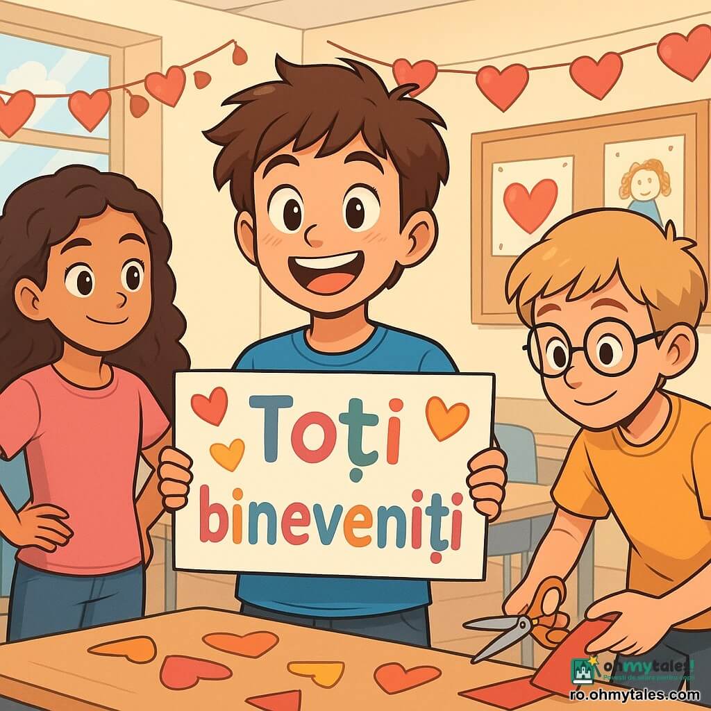 Un băiat de 12 ani, Valentin, cu părul castaniu și ochii strălucind de bucurie, stă în centrul scenei, ținând un panou colorat cu inimioare și mesajul "Toți sunt bineveniți". Fața lui radiază de entuziasm și mândrie, în timp ce zâmbește larg. Lângă el, Rania, o fetiță de 12 ani cu părul lung și creț, poartă un tricou roz și privește panoul cu admirație, cu mâinile pe șolduri. Vlad, un băiat de 12 ani cu ochelari rotunzi și părul blond, se apleacă înainte, ținând foarfeca și bucăți de hârtie colorată, pregătit să ajute. Scena se desfășoară într-o clasă luminoasă, decorată cu ghirlande de inimioare din hârtie, baloane roșii și desene de copii agățate pe pereți. Feronierul lasă să intre lumina soarelui, iluminând atmosfera festivă. Valentin, înconjurat de prietenii săi, finalizează panoul pentru sărbătoarea de Sfântul Valentin, în timp ce râsetele și murmurul de bucurie răsună în cameră, creând o ambianță caldă și prietenoasă.