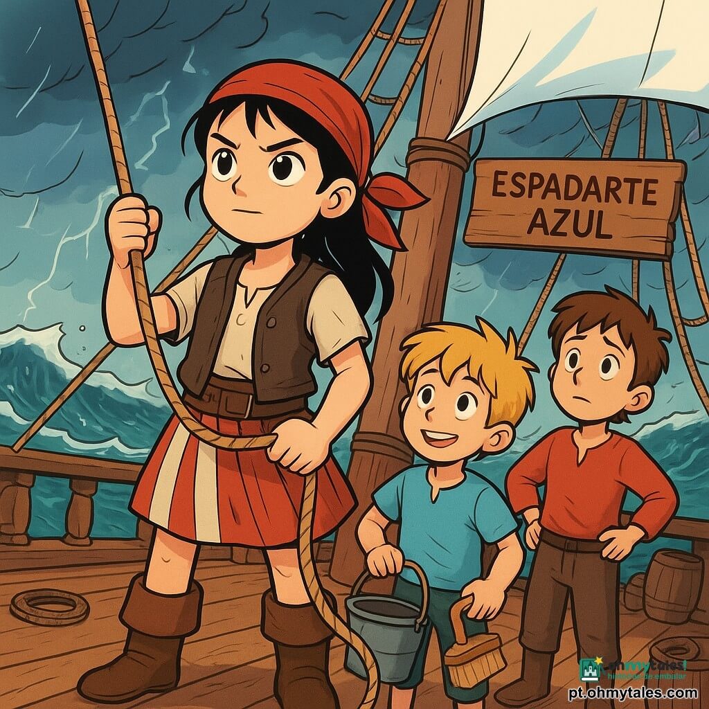 Uma jovem pirata, Lia, uma menina de 10 anos, se posiciona orgulhosamente no convés do navio, com tranças pretas amarradas por um lenço vermelho vivo. Seu rosto é determinado e concentrado, seus olhos brilhando de excitação e curiosidade. Ela veste um colete de couro desgastado e uma saia de tecido listrado, segurando uma corda nas mãos, pronta para ajudar sua tripulação. Ao lado dela, Guma, um garoto de 9 anos, com cabelo loiro bagunçado e um sorriso travesso, observa Lia com admiração, segurando um balde e uma escova, pronto para ajudá-la. Um pouco mais longe, Tinino, um menino de 8 anos, com cabelo castanho e olhos redondos, parece preocupado, observando o mar agitado, com as mãos na cintura. O local é um navio pirata, o "Espadarte Azul", com velas brancas balançando ao vento, cordas emaranhadas e barris de suprimentos espalhados pelo convés. O mar está tumultuado, com ondas furiosas e um céu tempestuoso, criando uma atmosfera de aventura e perigo. A situação principal mostra Lia, determinada a proteger sua tripulação, enquanto a tempestade se intensifica ao seu redor. Os piratas se apressam para garantir o navio, e Lia, com coragem, se prepara para enfrentar os desafios que os aguardam.