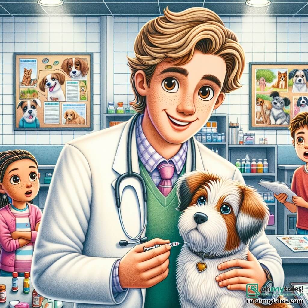 Un veterinar pe nume Dr. Mihai se află în centrul imaginii, zâmbind călduros. Are părul brun, ochelari rotunzi și poartă un halat alb. Vaccinează un cățel mic, Max, care pare curios și puțin nervos, cu urechile mari ridicate. La dreapta sa, o fetiță de 8 ani, Maria, cu părul blond și împletituri, observă atentă, având ochii strălucitori de entuziasm, ținând un carnet în care ia notițe. La stânga sa, un băiat de 9 ani, Andrei, cu părul șaten și un tricou roșu, privește cu uimire, cu brațele încrucișate, pregătit să pună întrebări. Scena se desfășoară într-un cabinet veterinar luminos și primitor, cu postere colorate pe pereți care arată animale sănătoase. Dr. Mihai le explică copiilor importanța vaccinurilor pentru animale, în timp ce Max primește vaccinul, creând o atmosferă de învățare și bunăvoință.