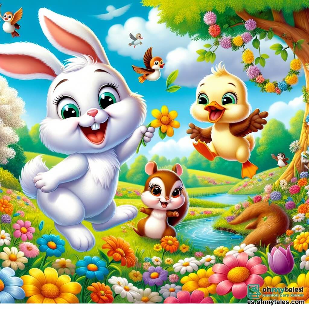 Un alegre conejito llamado Benito, con un pelaje blanco brillante y grandes orejas suaves, salta entusiasmado en un campo de flores coloridas, su cara radiante de felicidad. A su lado, una adorable ardilla llamada Sofía, con pelaje marrón y una cola esponjosa, sonríe mientras sostiene una guirnalda de flores que cuelga de un árbol, llena de emoción. Un pato llamado Pablo, con plumaje amarillo brillante y un pico naranja, nada alegremente en un pequeño estanque, salpicando agua mientras canta. El lugar es un magnífico campo primaveral, lleno de flores brillantes de todos los colores, bajo un cielo azul claro con nubes blancas y esponjosas. La escena principal muestra a Benito y sus amigos celebrando la llegada de la primavera, decorando el campo con flores y preparando un festival alegre, llenos de risas y camaradería.
