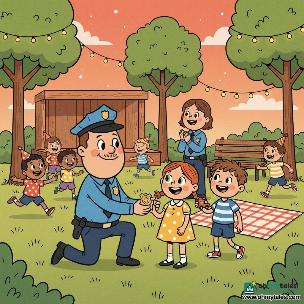 A tall, smiling police officer with a round face, small mustache and bright blue uniform kneels to hand a metal badge to a child; beside him stands Lily, about 8, red braided hair, green eyes, wearing a yellow polka-dot dress, smiling as she receives a badge, and slightly behind her to the officer's right is Max, about 9, tousled brown hair, blue-and-white striped tee, holding a toy truck and waiting for his badge. Officer Sarah, an adult female with short brown hair in blue uniform, stands near a bench applauding. A small mixed group of five to six children aged 6–10 play nearby, some wearing party hats. The scene is a twilight park with textured green grass, stylized round-leaf trees, hanging string lights, a wooden stage and a red-and-white picnic blanket; warm orange-pink sky with early stars. The main event is a community badge-giving with a festive, safe atmosphere, centered on the kneeling officer and the two children, warm colors, strong contrasts, curved lines and dynamic silhouettes in a rubber-hose style.