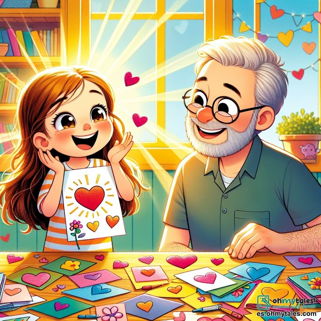 Una niña de 6 años, Valentina, con largos cabellos castaños y ojos brillantes de alegría, está sentada en una mesa de madera colorida, rodeada de papeles de todos los colores. Sonríe ampliamente, sosteniendo una tarjeta hecha a mano en sus pequeñas manos, llena de dibujos de corazones y flores. A su lado, un hombre, el Sr. Pérez, su papá de unos 30 años, con una barba ligera y gafas, mira la tarjeta con asombro, sonriendo. Están en una cocina luminosa, llena de rayos de sol que entran por las ventanas, iluminando las paredes amarillas y las estanterías llenas de libros y juguetes. La escena muestra a Valentina celebrando el día especial del Día del Padre, ofreciendo orgullosamente su regalo a su papá, llena de amor y felicidad.
