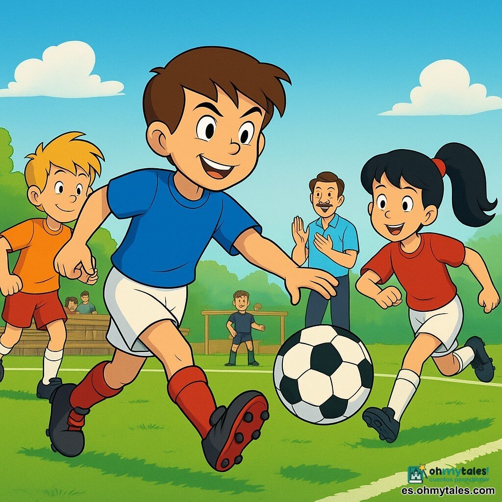Aitor, niño de unos 12 años, cabello castaño corto, camiseta azul y pantalón blanco, pasa el balón con seguridad hacia delante; Dani, unos 11 años, rubio despeinado, le lanza el balón sonriendo desde atrás a la izquierda; Carla, niña de unos 12 años, coleta negra, alegre y concentrada corre hacia la portería a la derecha de Aitor para recibir la pase; Diego, adversario de unos 13 años con camiseta oscura, sorprendido y frustrado observa la jugada cerca de un defensor; el entrenador Señor López, unos 45 años, con bigote y silbato, aplaude en la banda junto a un banco; campo de barrio con césped verde y líneas blancas, porterita blanca, pequeñas gradas de madera con espectadores, tarde soleada; momento dinámico: pase preciso de Aitor hacia Carla, balón en vuelo, cooperación y alegría de equipo, estilo dibujo animado años 90.