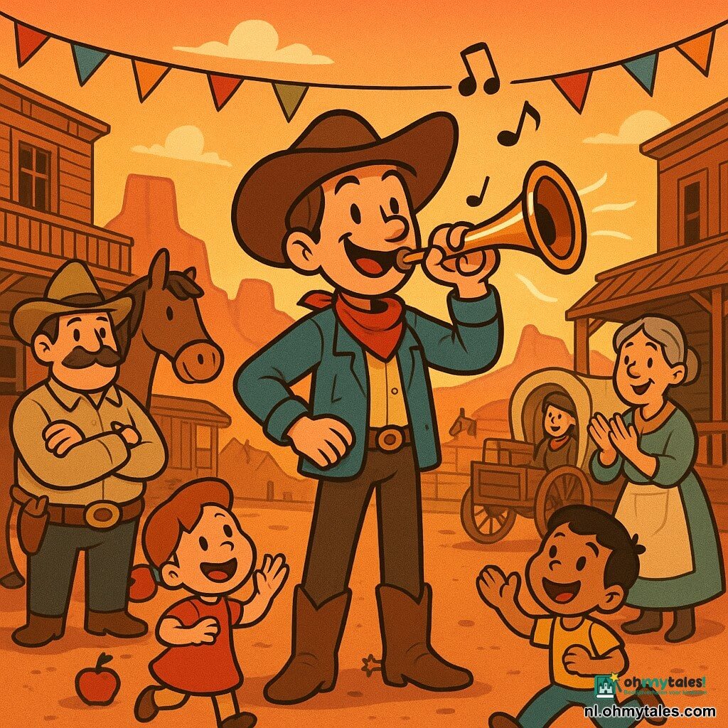 Hoofdpersoon: jonge cowboy, lichte huid, bruin haar onder brede bruine hoed, versleten blauwe jas, leren laarzen, houdt een glanzende koperen klaroen bij zijn lippen, rechte houding, vastberaden vrolijke blik; Secundair 1: oudere sheriff, gezet, dikke snor, beige hoed, links van de cowboy met armen over elkaar, trotse gezichtsuitdrukking; Secundair 2: tante van ~50, grijs haar in knot, licht schort, rechts bij een tafel met broden, klappend en lachend naar de cowboy kijkend; Secundair 3: vrouwelijke karavaanleider in de veertig, rood hoofddoekje, bruine mantel, bij een kar vol kisten, licht voorover buigend uit dankbaarheid; Secundair 4: meisje en jongen (~7–9), kleurrijke kleren, rennen en klappen op de voorgrond, verwonderde gezichten; Belangrijk dier: bruine merrie Peper met glanzende vacht en zadel, net achter de cowboy, zachte blik, een appel dichtbij; Plaats: westers dorpsplein met houten huizen en veranda’s, wapperende vlaggetjes, rood stoffige grond, rode bergen op de achtergrond, warme oranje namiddaglucht; Situatie: de cowboy blaast een heldere noot op zijn klaroen, grafische geluidsgolven (kromme lijnen) doorklieven de scène en verlichten de menigte en karavaan, gezellige sfeer, warme kleuren, hoge contrasten, retro cartoonstijl met dikke lijnen en vloeiende vormen.