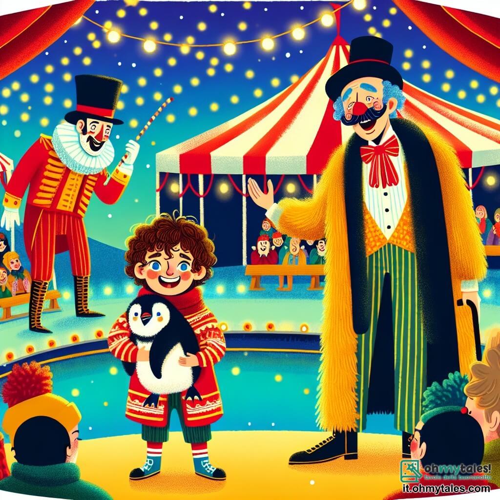 Un ragazzo di 9 anni, Leo, con capelli ricci e occhi pieni di curiosità, si trova al centro della scena, con un grande sorriso sul volto, tenendo un pinguino dalle piume brillanti tra le braccia. Accanto a lui, il Grande Zamboni, un uomo di circa 50 anni con un cilindro nero e un baffo flamboyante, applaude con entusiasmo, il suo viso che brilla di orgoglio. Sullo sfondo, un clown gioioso, con un naso rosso e scarpe giganti, ride tenendo un pallone a forma di cane, aggiungendo un tocco di colore alla scena. Il luogo è un circo vibrante, con tende a strisce rosse e bianche sotto un cielo blu splendente. Luci scintillanti illuminano la scena, mentre spettatori di tutte le età sono seduti su panchine di legno, in attesa dello spettacolo. La situazione principale mostra Leo lanciare il pinguino in aria con un gesto drammatico, mentre il pubblico trattiene il respiro, creando un'atmosfera di magia ed eccitazione.