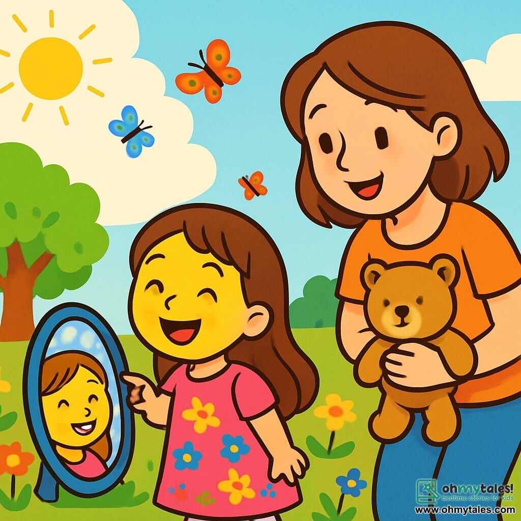 A 4-year-old girl named Lily, with long brown hair and sparkling eyes, stands in front of a magical mirror. She has a big radiant smile, and her face is illuminated by a bright yellow color representing her joy. She wears a pink dress with colorful flower patterns. Next to her, her mother, a gentle woman in her 30s with brown hair and warm eyes, encourages her with a caring look. She is slightly leaning forward, with a soothing smile, holding a clean and soft teddy bear in her arms. The scene takes place in a sunny garden filled with vibrant flowers of all colors, with a majestic oak tree in the background. Colorful butterflies flutter around them, adding a touch of magic to the environment. Lily, with a happy expression, points to the mirror shining with bright yellow, while her mother explains the importance of sharing and understanding emotions.