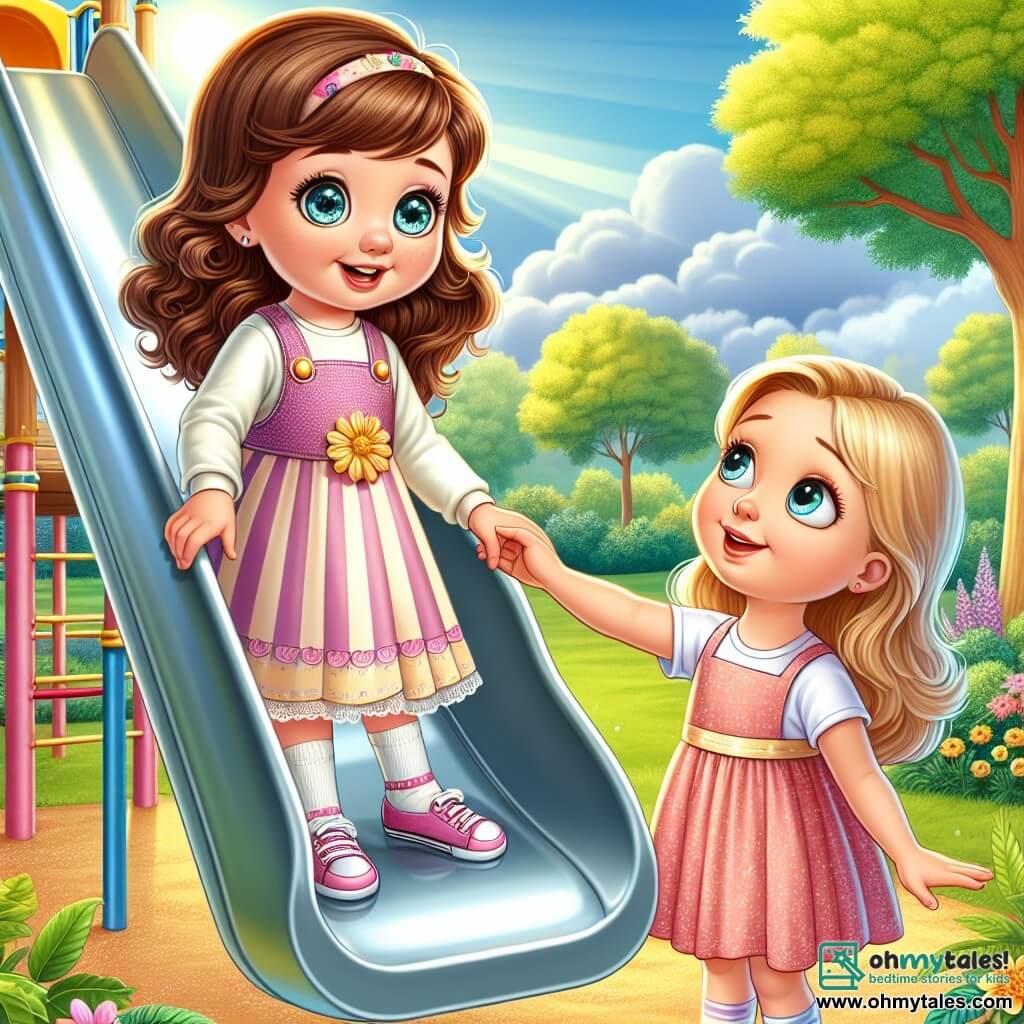 In a sunny park, a 6-year-old girl named Lily has sparkling blue eyes and curly brown hair. She stands at the foot of a shiny slide, her face showing a mix of excitement and nervousness. Next to her is her best friend Emma, a 7-year-old girl with smooth blonde hair and a pink dress, who smiles and encourages her to climb. The park is lush with majestic green trees and colorful flowers swaying in the breeze. The sky is bright blue with a few fluffy white clouds. The main scene shows Lily ready to go up the slide, holding her mother's hand, a gentle woman with brown hair and a warm smile, standing just below the slide to encourage her. Lily and Emma look at each other excitedly, ready for an adventure full of laughter and courage.