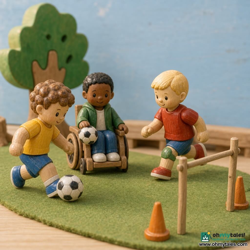 Three nearly three-year-old boys play calm, joyful mini-soccer on a miniature playground diorama set on a light wood table: Leo, front left, curly brown hair, yellow shirt and blue shorts, gently kicks a black-and-white ball; Max, center-right, short blond hair, red tee and green knee pads, in mini-running steps looking toward a goal between two orange cones; Sam, center-left, black hair, green jacket, seated in a small wooden wheelchair with his hand on the ball ready to pass. The scene features a textured green felt lawn, two small orange cones, a makeshift goal of sticks, a stylized painted wooden tree and pale blue sky backdrop; expressions are focused and smiling, movements slow and gentle, with warm, bright lighting, vivid colors, simple shapes, soft light and light shadows in a wooden toy diorama style.